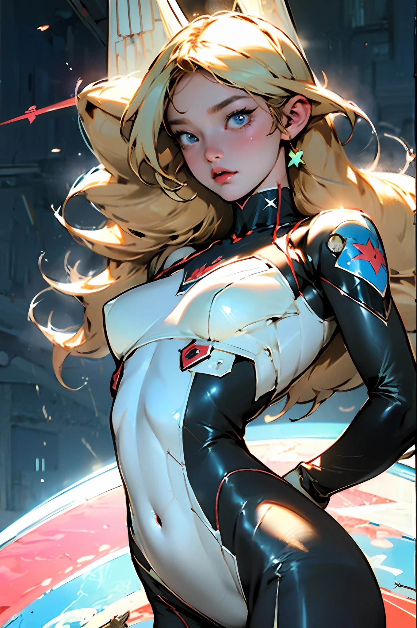 ((Best quality)), ((masterpiece)), (detailed: 1.4), (Absurd), character based on the Spawn, perfect body, wearing a bandana on the head, defined muscles, half thick naked thighs, closed mouth, only in panties, include stars in the outfit, muscular body covered by technological clothing, Neon Genesis Evangelion style, cyberpunk, generous neckline, ((perfect large breasts)), (blue eyes without pupils), ((clothing in the colors of the Australian flag)), (((blonde hair))), (thin stripes covering breasts), (Psychedelic tattoo on arms), ((drawings of a devil on arms)), Australia, short underwear, garter belt, by mucha, niji --V5, close to real, psychopath, crazy face, sexy pose, background with a giant Gundam-style Robot head, 2-piece clothing, shoulder pads with airplane wings, pastel, centered, Scale to fit dimensions, High Dynamic Range (HDR),Ray Tracing,NVIDIA RTX,Super-Resolution,Unreal 5,Subsurface Dispersion, PBR Texture, Post-processing, Anisotropic filtering, Depth of field, Maximum clarity and sharpness, Multilayer textures, Albedo and specular maps, Surface shading, Accurate simulation of light-material interaction, Perfect proportions, Octane Render, Two-tone lighting, Wide aperture, Low ISO, White Balance, Rule of Thirds, 8K RAW, crysisnanosuit