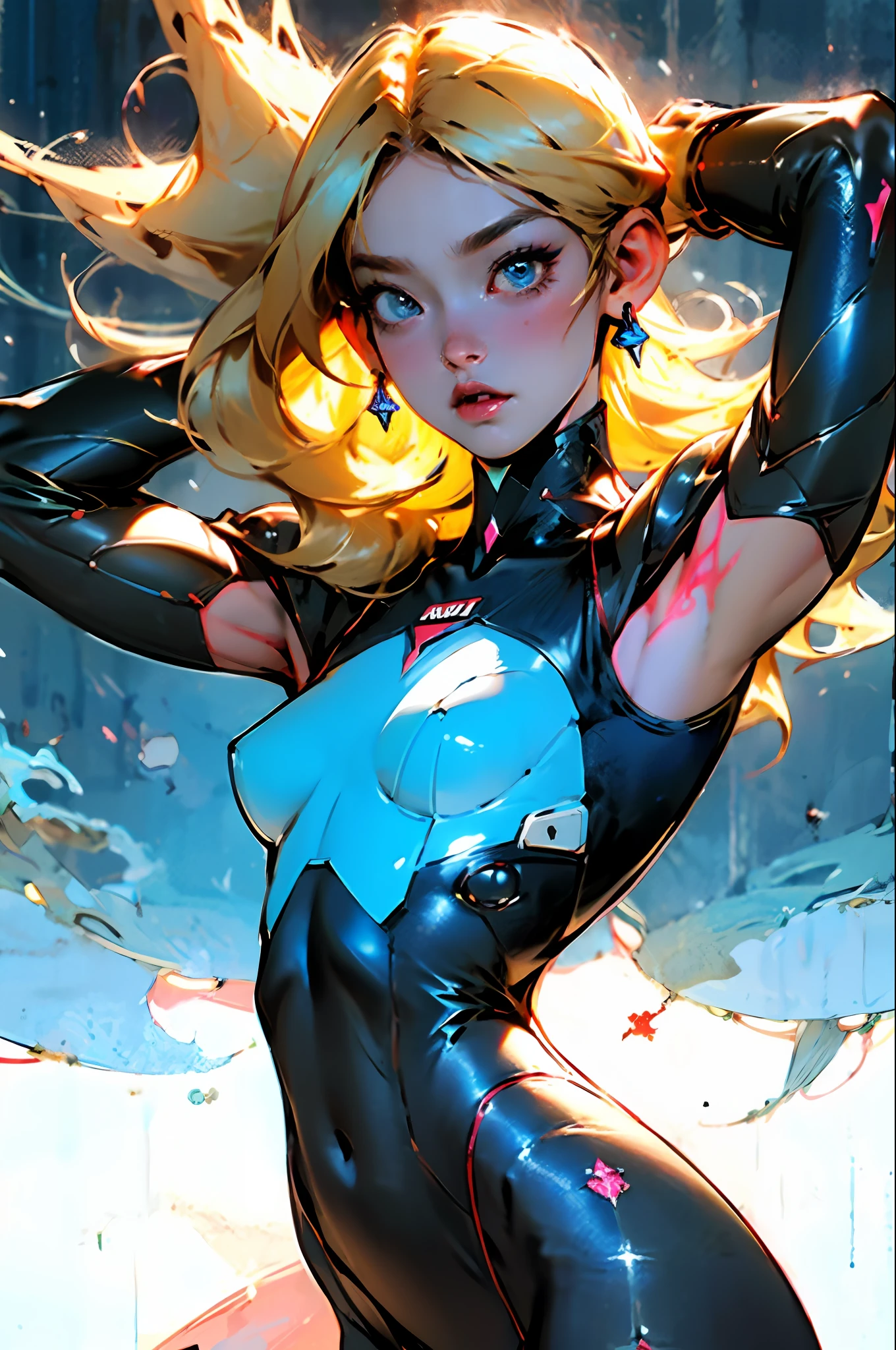 ((Best quality)), ((masterpiece)), (detailed: 1.4), (Absurd), character based on the Spawn, perfect body, wearing a bandana on the head, defined muscles, half thick naked thighs, closed mouth, only in panties, include stars in the outfit, muscular body covered by technological clothing, Neon Genesis Evangelion style, cyberpunk, generous neckline, ((perfect large breasts)), (blue eyes without pupils), ((clothing in the colors of the Australian flag)),  (((blonde hair))), (thin stripes covering breasts), (Psychedelic tattoo on arms), ((drawings of a devil on arms)), Australia, short underwear, garter belt, by mucha, niji --V5, close to real, psychopath, crazy face, sexy pose, background with a giant Gundam-style Robot head, 2-piece clothing, shoulder pads with airplane wings, pastel, centered,  Scale to fit dimensions, High Dynamic Range (HDR),Ray Tracing,NVIDIA RTX,Super-Resolution,Unreal 5,Subsurface Dispersion, PBR Texture, Post-processing, Anisotropic filtering, Depth of field, Maximum clarity and sharpness, Multilayer textures, Albedo and specular maps, Surface shading, Accurate simulation of light-material interaction, Perfect proportions, Octane Render, Two-tone lighting, Wide aperture, Low ISO,  White Balance, Rule of Thirds, 8K RAW, crysisnanosuit