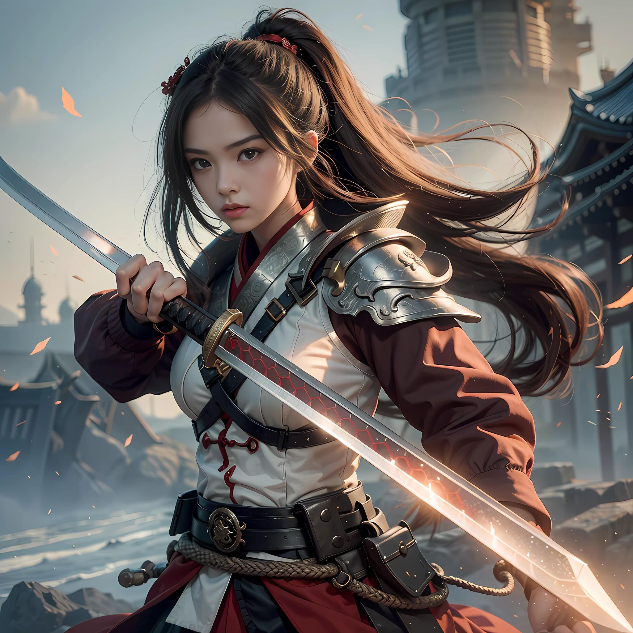 A girl focused on battle, armed with a Japanese sword, murderous intent, dressed in light clothing, the dragon reflected in the air behind her.