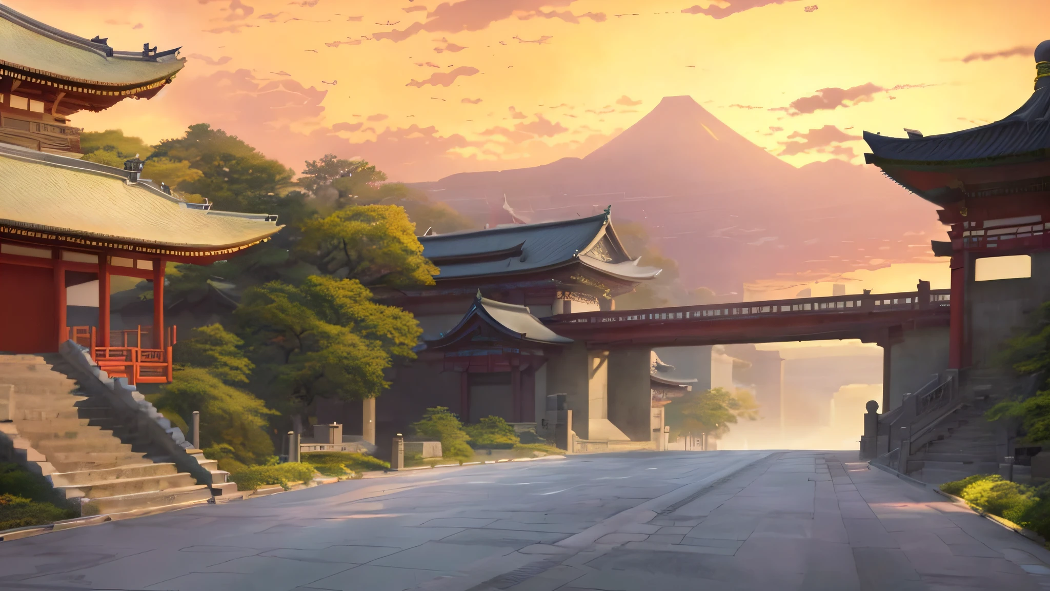 there is a picture of a street with a building and a bridge, ross tran. scenic background, andreas rocha style, makoto sinkai, anime scenery concept art, traditional japanese concept art, anime background art, anime landscape, japanese city, cyberpunk chinese ancient castle, japanese town, beautiful render of tang dynasty, beautiful anime scene, cyberpunk japanese temple