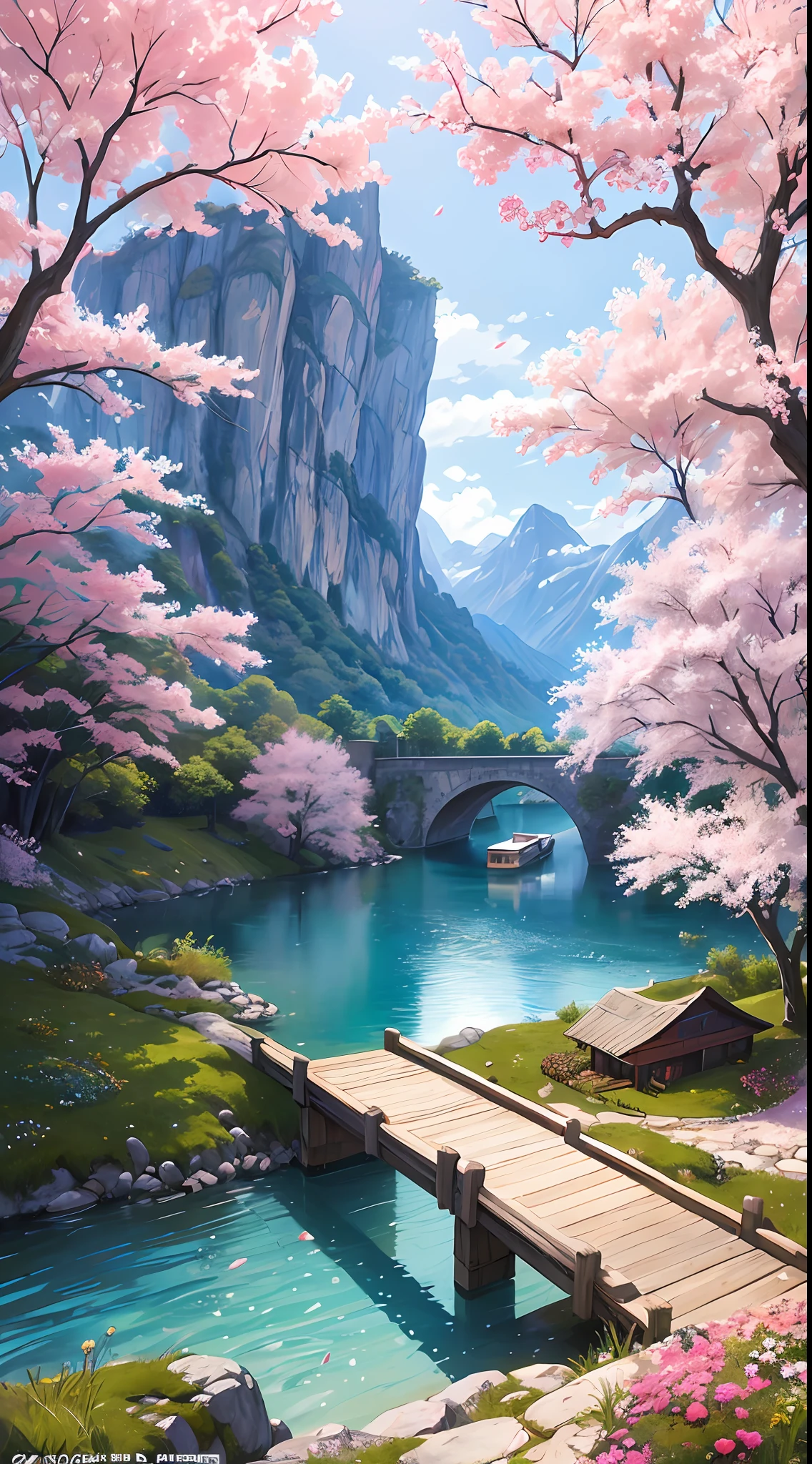 (Masterpiece, Top Quality, Best Quality, Official Art, Beauty and Aesthetics: 1.2), Very Detailed, Colorful, Most Detailed, Branches, Mountains and Rivers, Cherry Blossoms, Outdoor, Petals, Landscape, Rain, Trees, Sky, Street