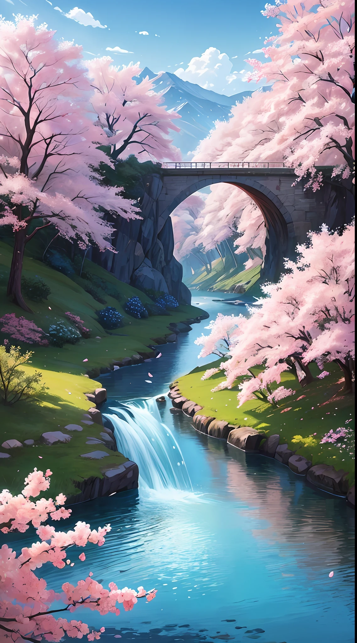 (Masterpiece, Top Quality, Best Quality, Official Art, Beauty and Aesthetics: 1.2), Very Detailed, Colorful, Most Detailed, Branches, Mountains and Rivers, Cherry Blossoms, Outdoor, Petals, Landscape, Rain, Trees, Sky, Street