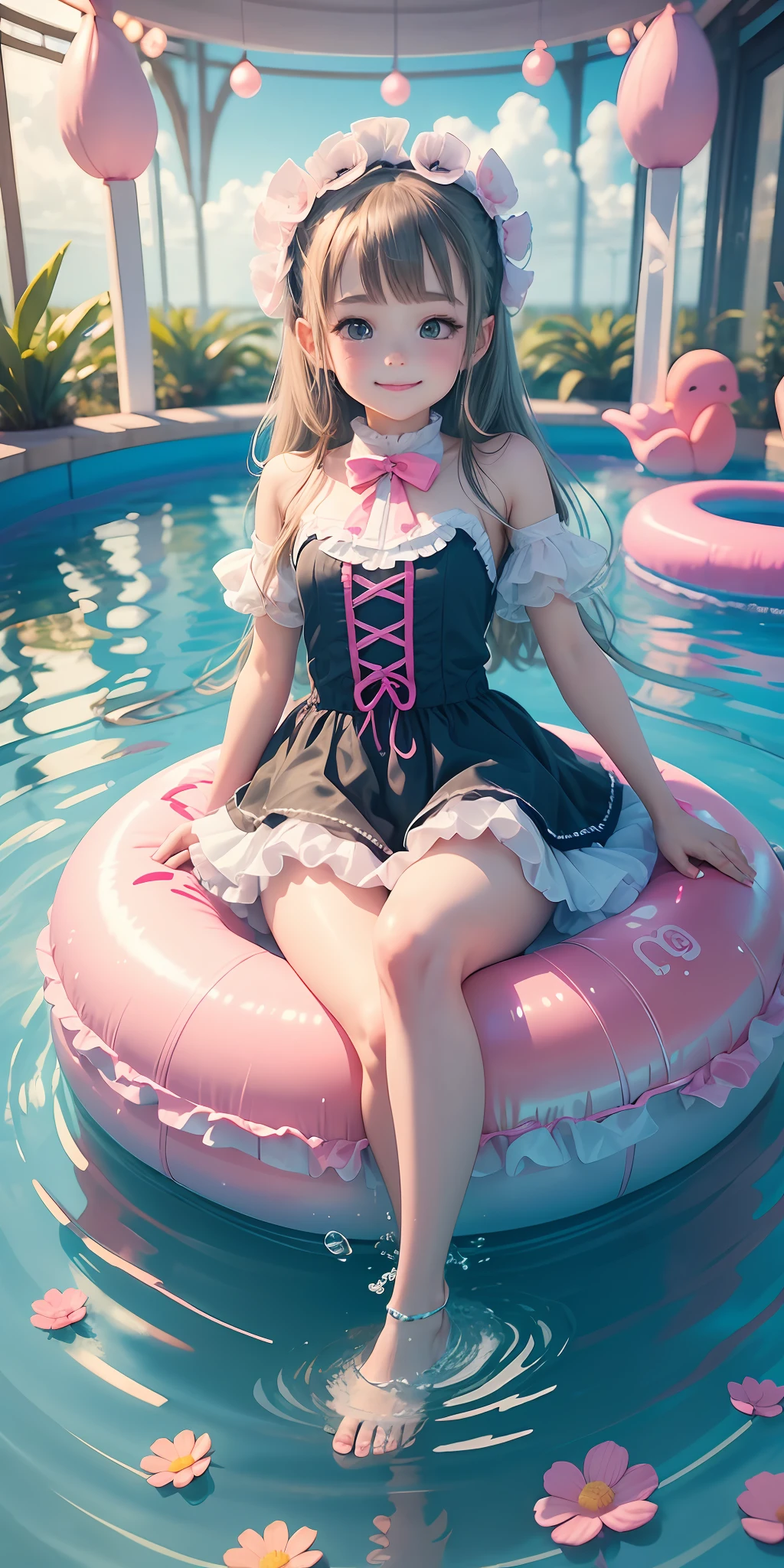 A riding an inflatable duck swimming ring, a super cute girl, smiling, big watery eyes, smart and cute, big watery eyes, many flowers and bubbles, Popmart toys, macaron color scheme, soft, dreamy scene, glass as material,-- AR 4:5 --niji 5 --s 180 --style expression, finely presented with 3D rendering technology, rendering a cute 3D anime girl, slender palm, five fingers