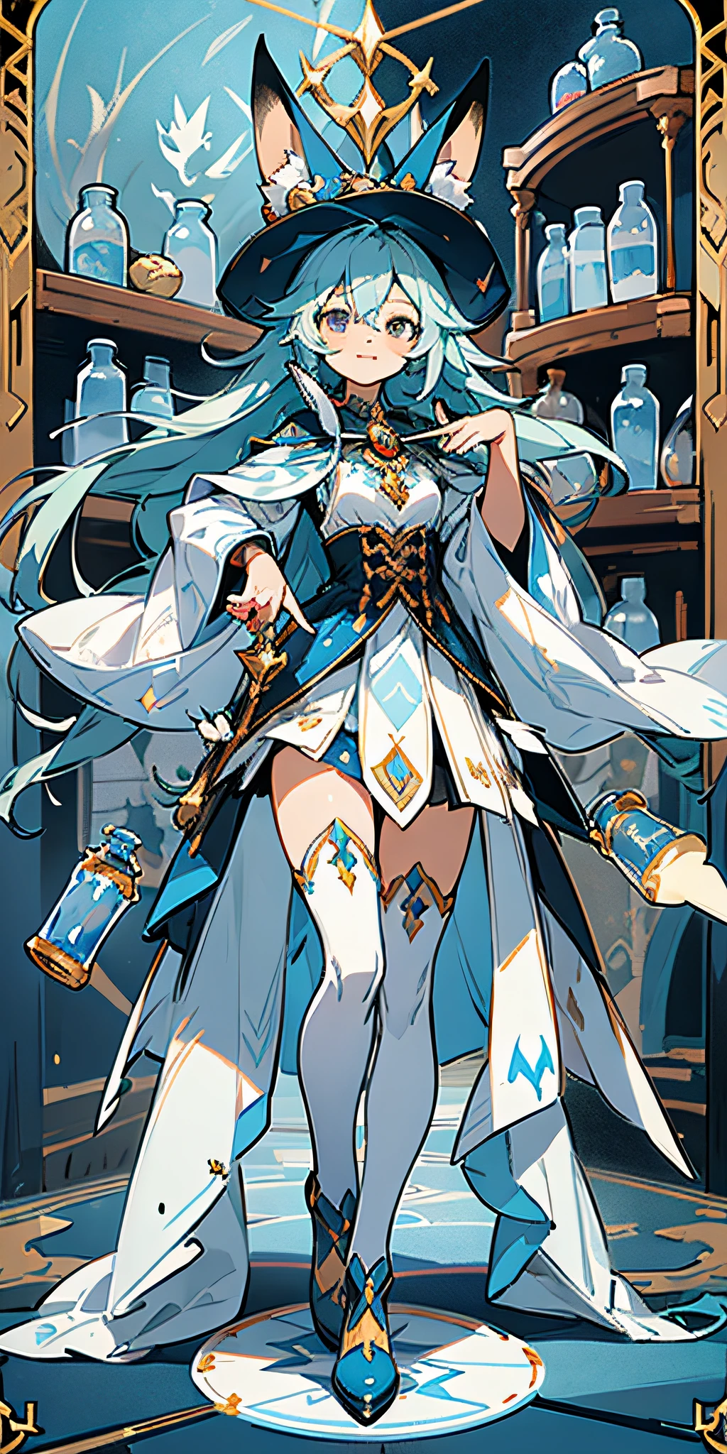 Rabbit, Fox, Cute Witch, Witch, Blue and White, Magic Weapon, Fantasy Creature, Dynamic Pose, Unique Character Design, Exquisite Costumes, Medicine Bottles, Cards, Standing Paintings, Floor Decks, HD, Masterpieces, Super Detail, Best Quality, High Resolution, Ultra High Pixel, Ultra HD, 32K, cgStation Pop --v 6