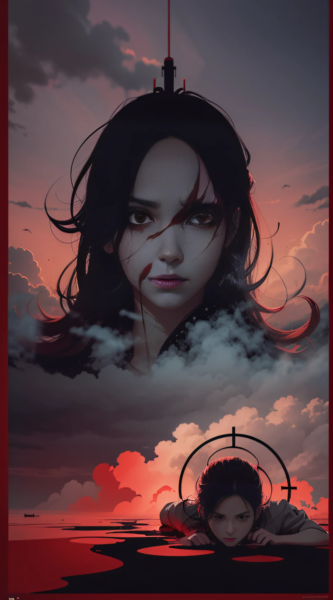 Woman crawling on the ground, red liquid, red crescent moon in the sky, rolling clouds, bloody, eerie, absurd, sketching, anime key visuals, fog, evil, Bauhaus art, dramatic lights, mystery