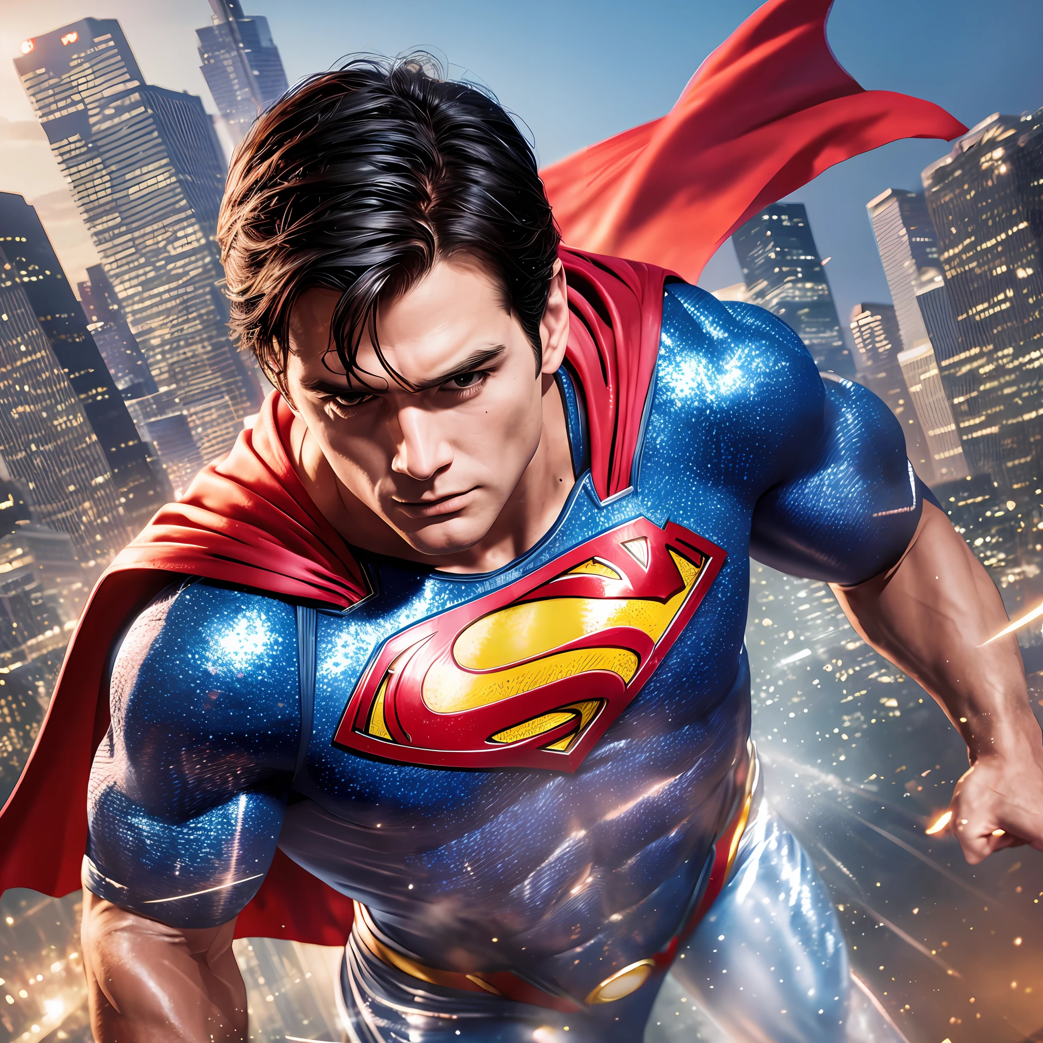 Superman, punching the enemy, realistic summer, all detailed, sharp image, 8K quality