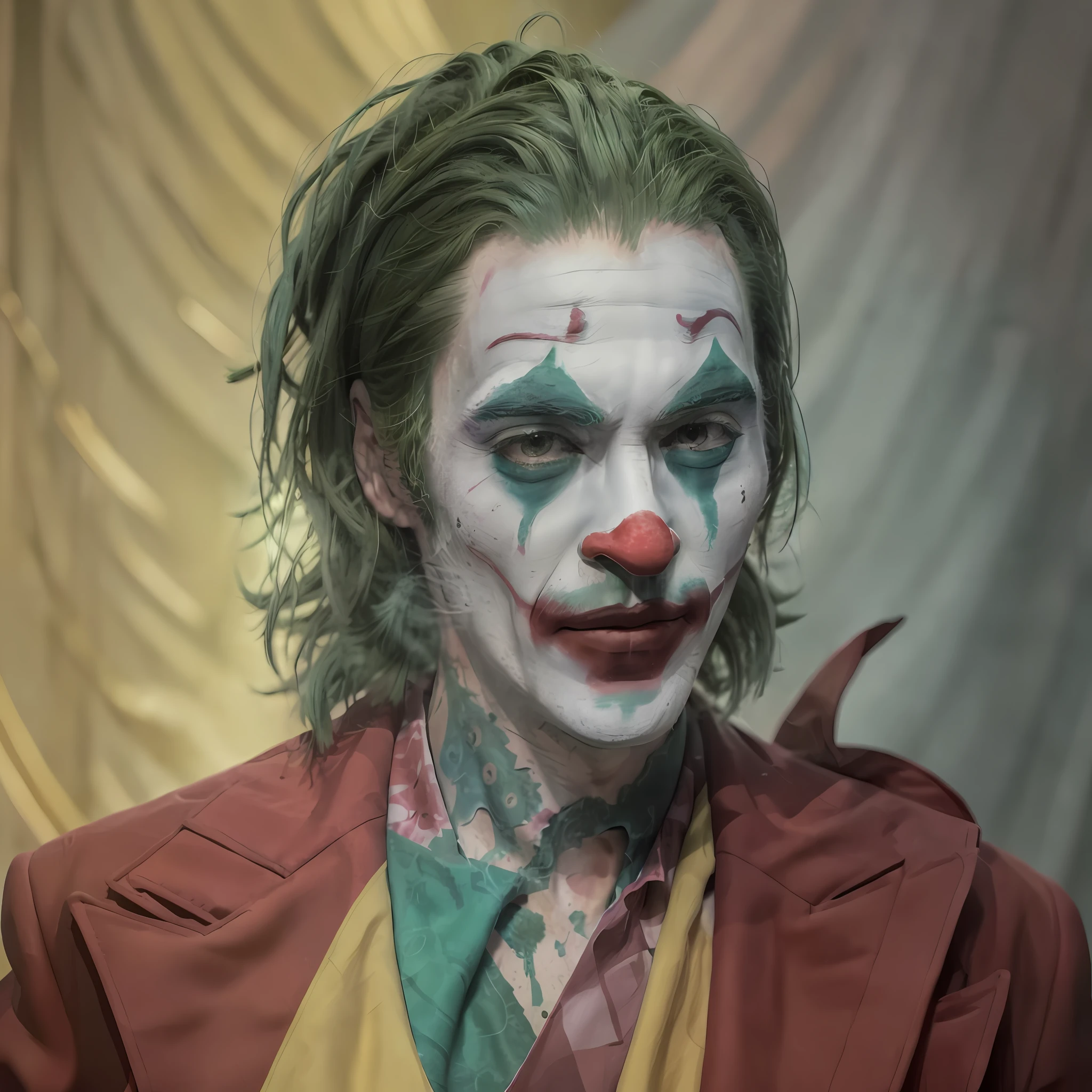 Tall man with green hair clown makeup with super realistic psychopath face well detailed in FULL HD 8K