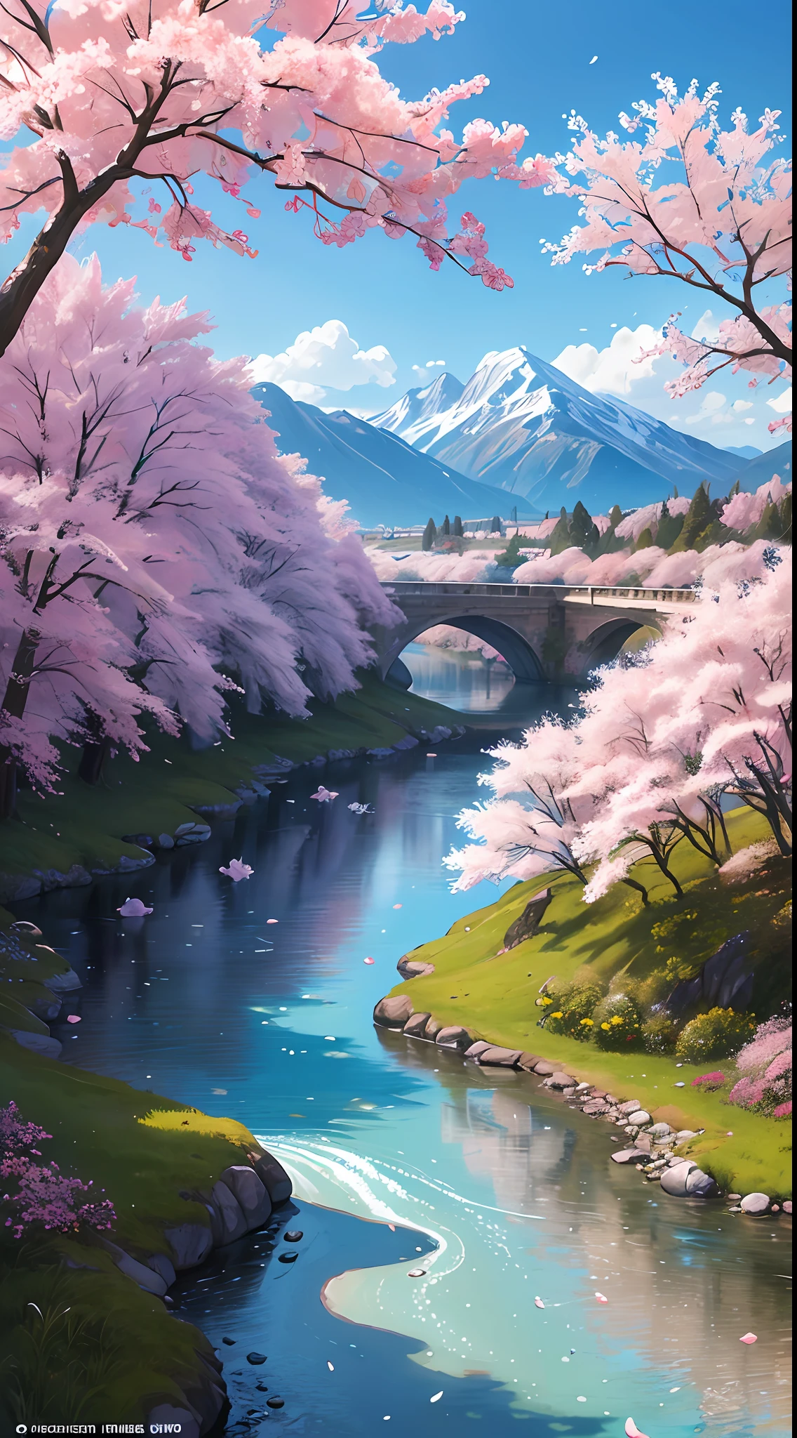 (Masterpiece, Top Quality, Best Quality, Official Art, Beauty and Aesthetics: 1.2), Very Detailed, Colorful, Most Detailed, Branches, Mountains and Rivers, Cherry Blossoms, Outdoor, Petals, Landscape, Rain, Trees, Sky, Street