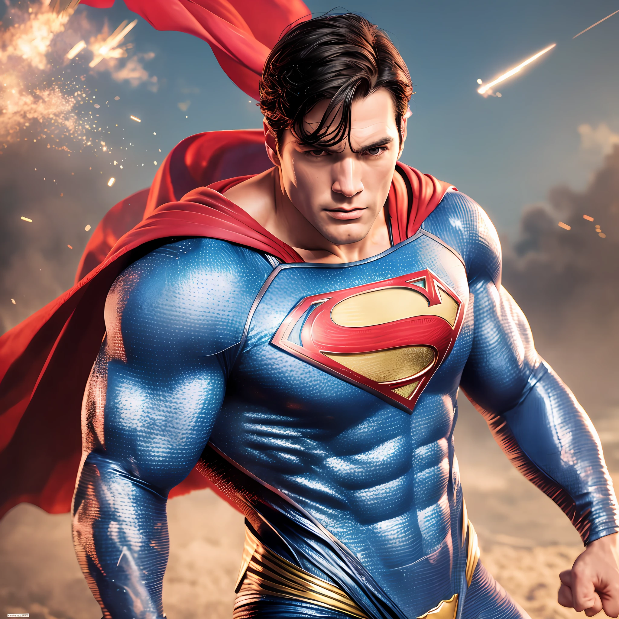 Superman, punching the enemy, action movement, realistic summer, all detailed, sharp image, 8K quality