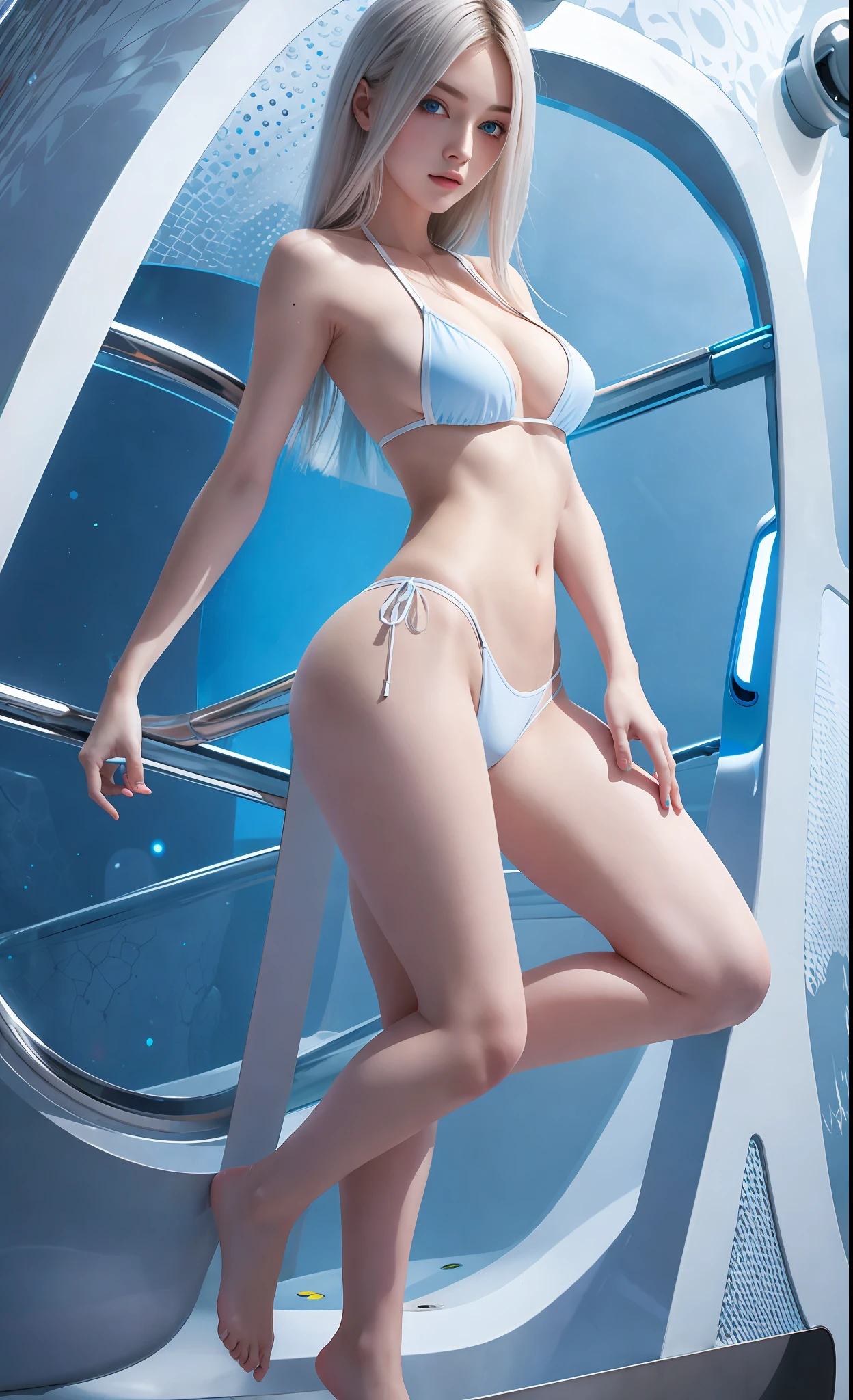 masterpiece, best quality, girls, slender, blue eyes, hair color ash, white skin, medium breasts, cute, sexy, futuristic, bikini, floral, skin exposed, machine, night, fluorescent theme, full body