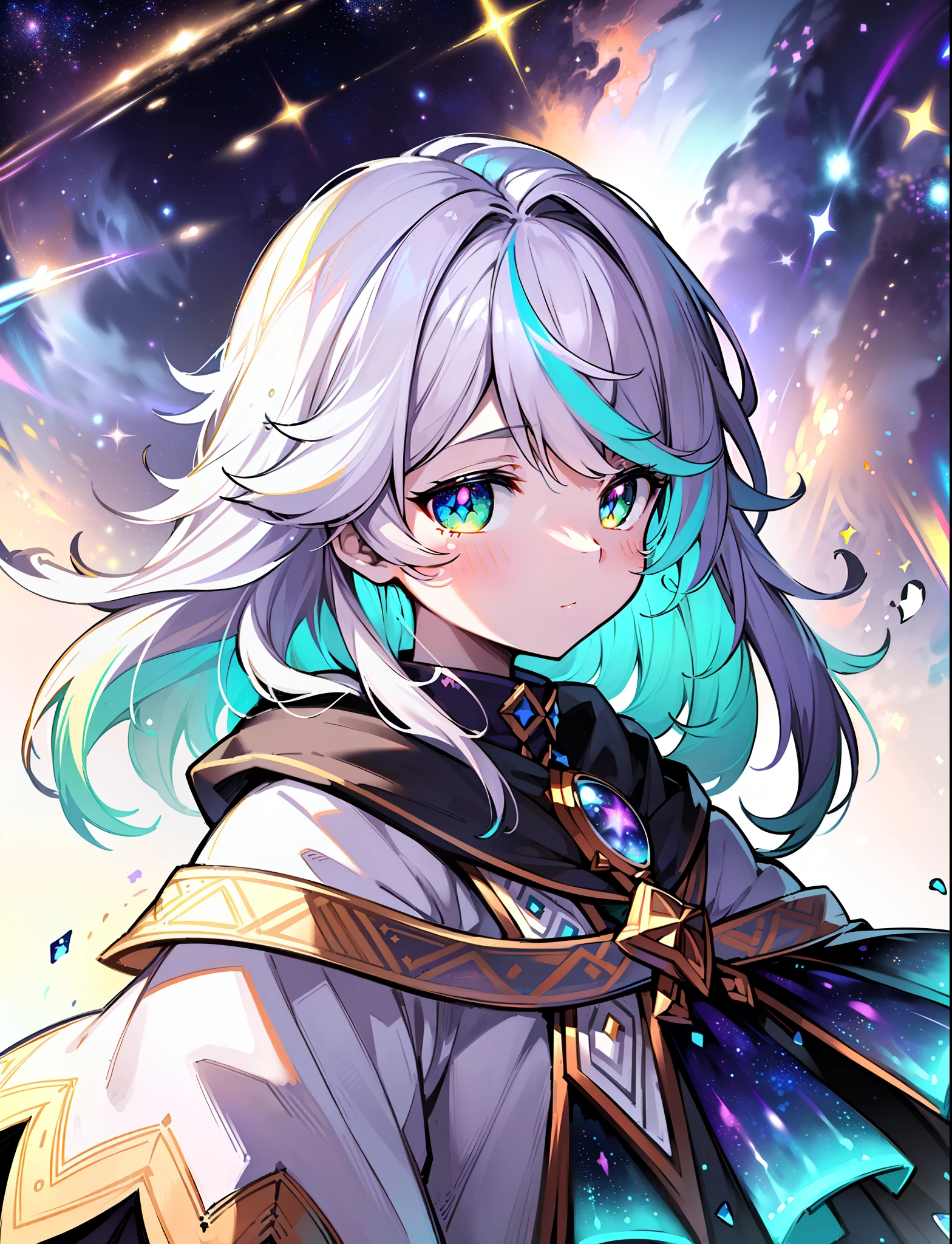 ((masterpiece)), (((best quality))), ((ultra-detailed)), ((illustration)),[realism light effect],shadow,(Fantasy style),(white background:1.6), simple background, (earth theme),(a cloak)[(hair focus,((1girl)),[(big slime hair): (cloud hair):0.3], (hair on background),(high saturation),(hair surrounded by galaxy splashes),)):((her hair is becoming galaxy clouds,:1.27628), (hair and clothes is galaxy clouds and cluster of stars:1.1025),(a cloak is becoming galaxy clouds)(colorful_galaxy_print_clusters_of_stars_print:1.35),((detailed starry sky with colorful galaxy and galaxy clouds):1.2)):0.35], (((masterpiece))),(((best quality))),((ultra-detailed)),(illustration),(dynamic angle),((floating)),(paint),((disheveled hair)),((beautiful detailed face)),collar,bare shoulders, ((colorful hair)),((streaked hair)),beautiful detailed eyes,(Gradient color eyes),(((colorful eyes))),(((colorful background))),(((high saturation))),(((surrounded by colorful splashes))),(((surrounded by colorful dot))),colorful bubble,((shining)),