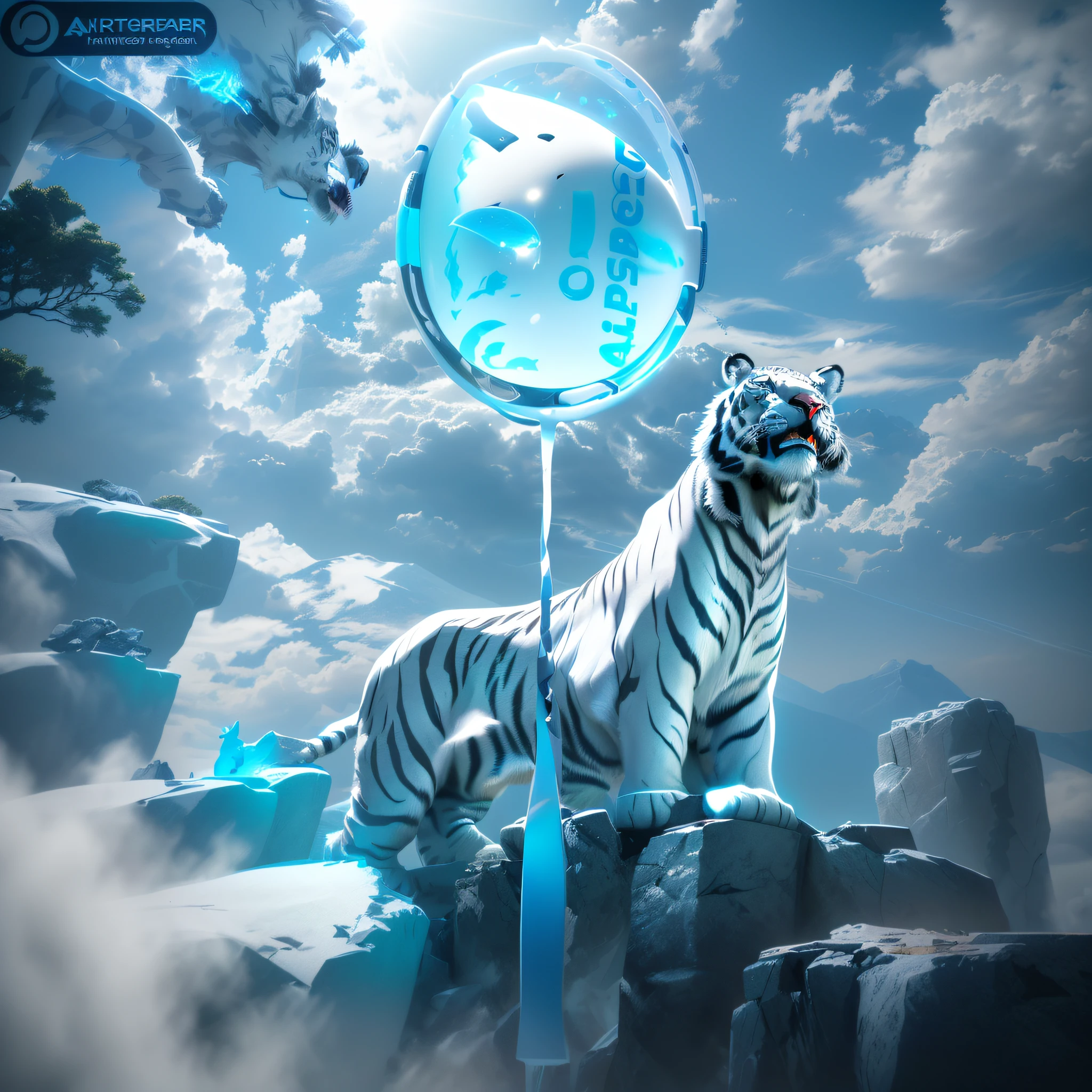there is a white tiger standing on a rock with a balloon, promotional render, high quality topical render, 🐋 as 🐘 as 🤖 as 👽 as 🐳, keyshot product render, adventure hyper realistic render, inspired by Roar Kjernstad, trending on artstation 4k, tiger_beast, rendered in keyshot, with cryengine