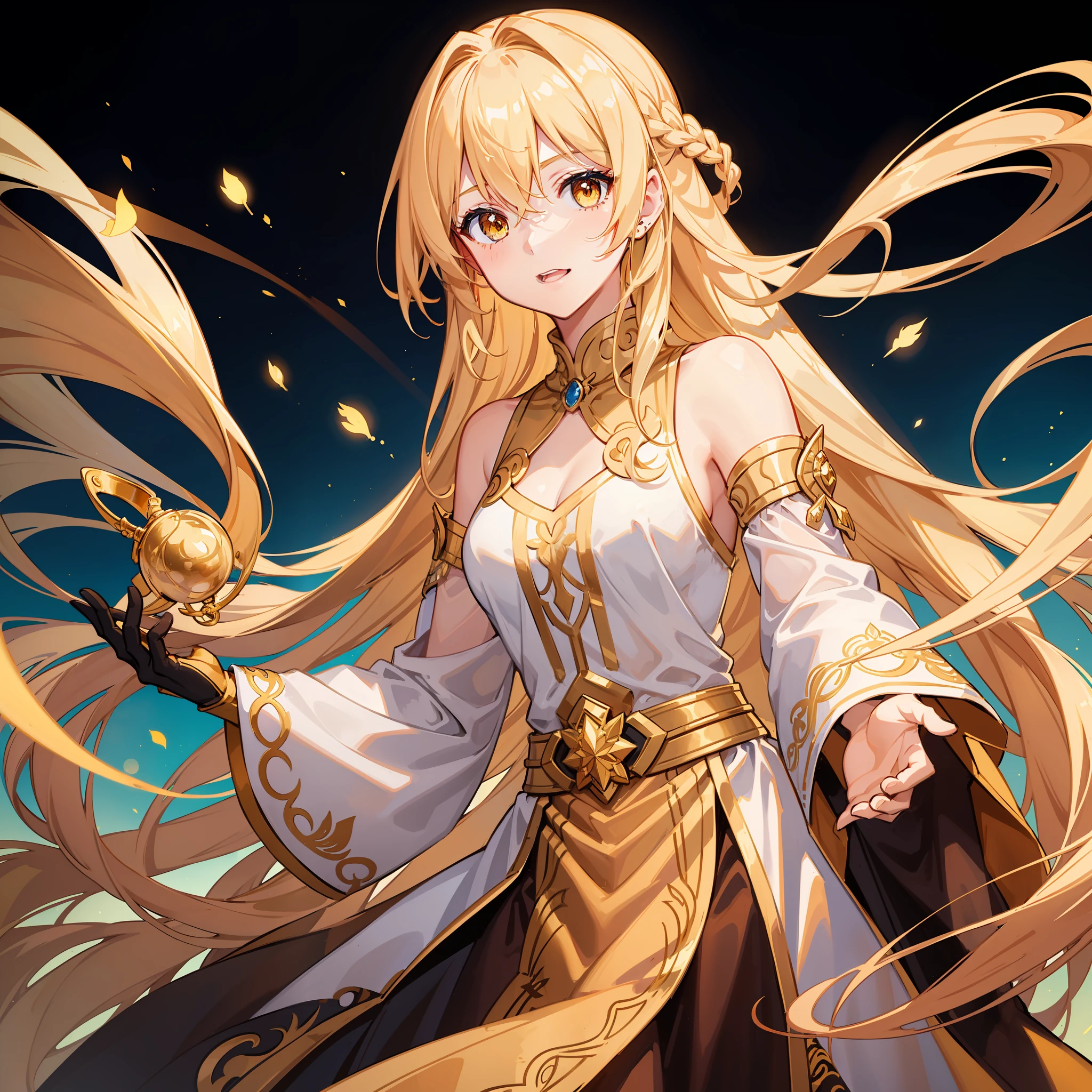 Girl, flowing golden blonde hair, yellow eyes, golden imperial outfit, neckline, anime, the background is a clear sky with twinkling lights, dynamic angle, arrogant laughter, no left hand, left hand cut off, left hand gone