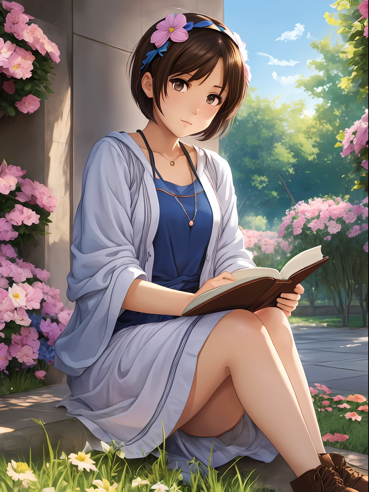 1 anime style girl, brown eyes, short brown hair with blue locks, sitting reading a book in a flowery square, super detailed