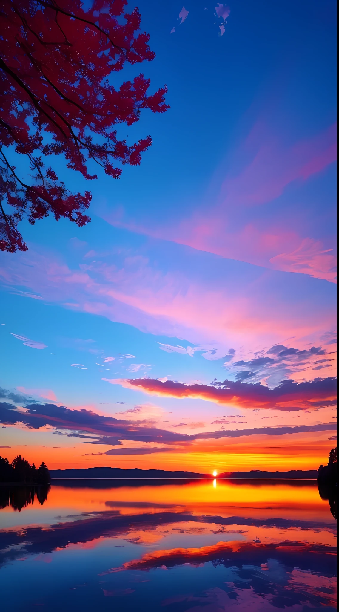 there is a beautiful sunset with a lake and trees in the background, colorful skies, surreal colors, colorful sunset, colorful sky, marvellous reflection of the sky, stunning sky, dream like atmosphere 8k, colorful clouds, colors reflecting on lake, surreal sky, red and blue reflections, fire reflection, beautiful sky, beautiful and spectacular dusk, beautiful dreamy landscape, amazing sky