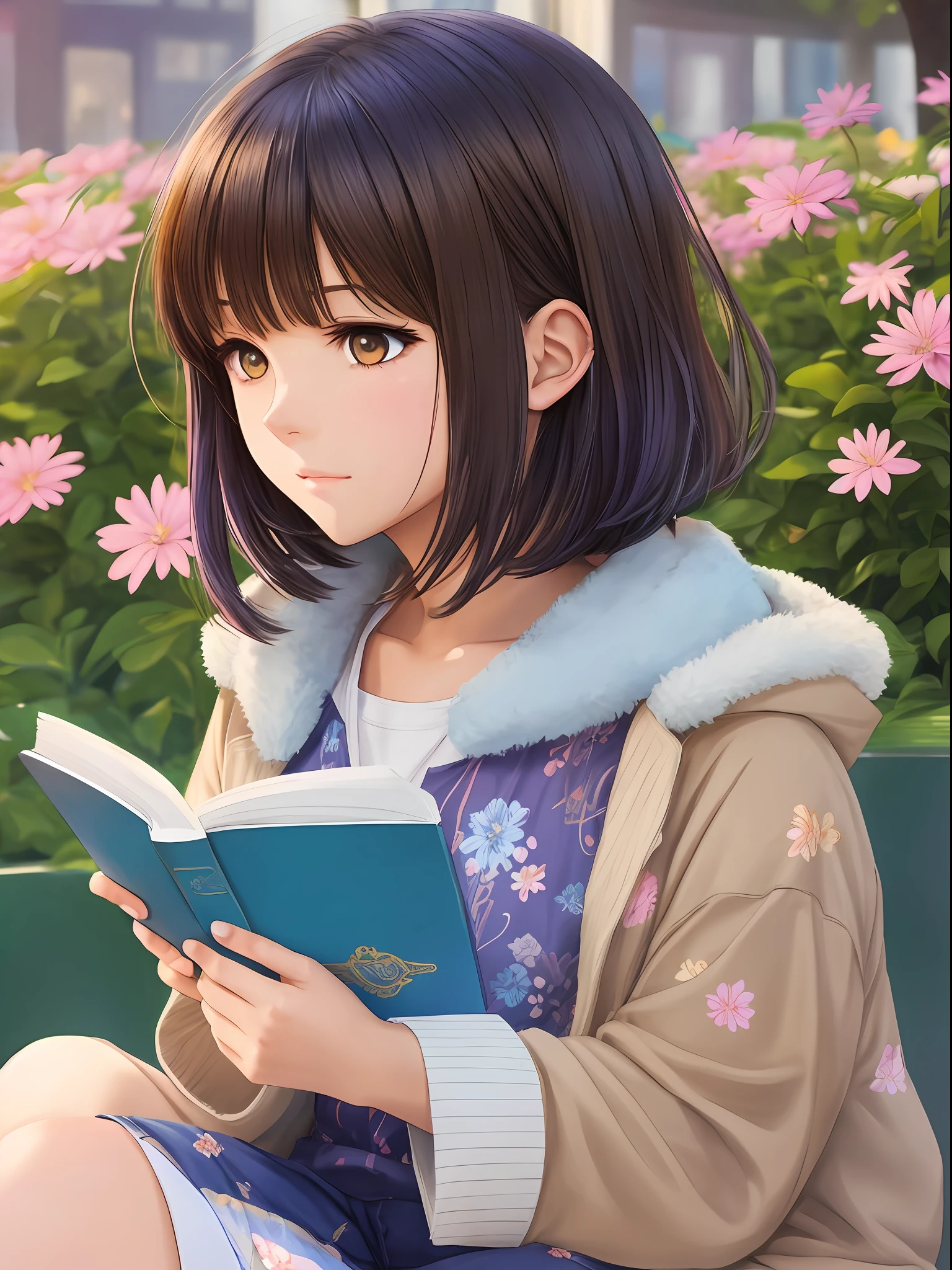 1 anime style girl, brown eyes, short brown hair with blue locks, sitting reading a book in a flowery square, super detailed