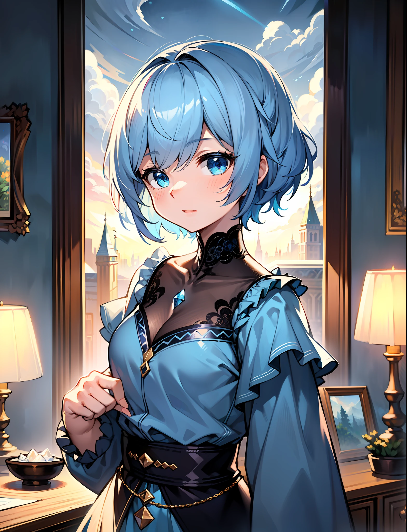 (((masterpiece))), best quality, illustration, 4K wallpaper, cinematic light, Absurdres, protrait of 1girl, short hair, blue crystal hair, looking at viewer, glow hair, bloom hair, clothing fantasy