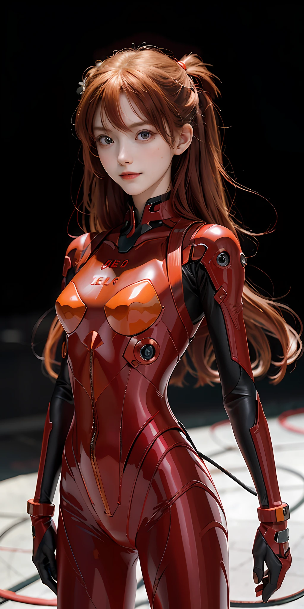 ((Real)))Photos, Masterpiece, Best Quality, One Girl, Slender Waist,Big,Red Hair, Best Quality, Pale Skin, Suliu Aska Langle, Red Plug Suit 02, Black Background, (Face and Eyes Details:1.1), Self-righteous, Blush, ((Shy)), Very Delicate Beautiful Girl, Dynamic Pose, (to8contrast Style),Smile