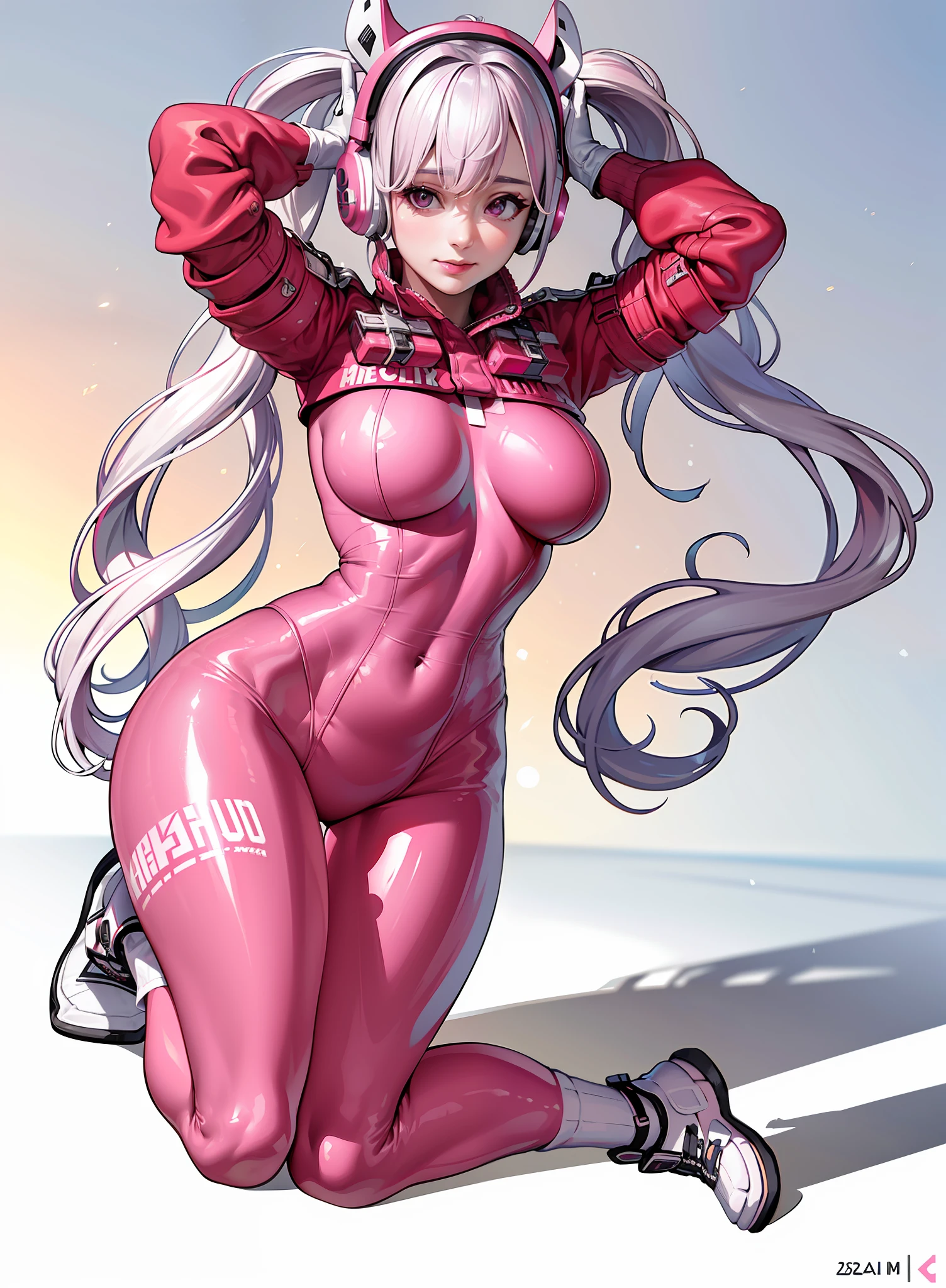 (photorealistic:1.4),best quality, ultra high res,
4k, instagram,
higly detailed,
alice \(nikke\),pink bodysuit,animal ears, fake animal ears, gloves, headphones, headset,
jacket,pink latex bodysuit, pink eyes,twintails, white gloves, white hair,
VirtualGirl-Aim, medium breasts, long hair, crystal pendant, smile,
full body shot,