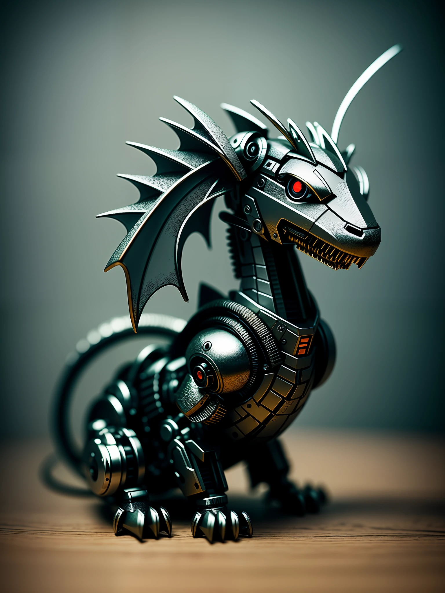 A cute little dragon made of metal, (cyborg: 1.1), ([tail | detailed wire]: 1.3), (intricate detail), hdr, (hyperdetailed: 1.2), cinematic lens, vignette, centered