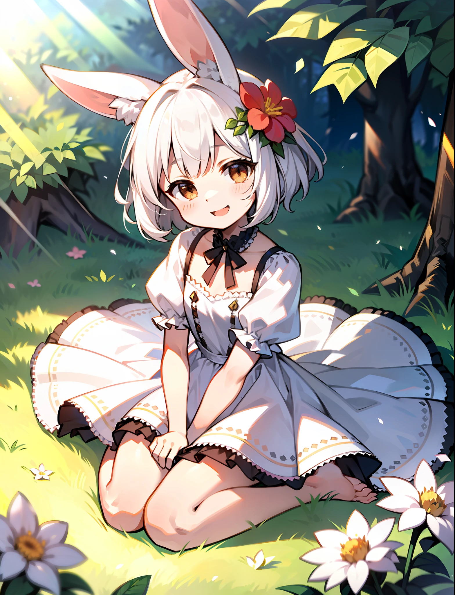 (masterpiece,best quality), 1girl,petite,flat chest, solo, solo focus, (animal ears, rabbit ears), barefoot, knees up, dress, sitting, short sleeves, looking at viewer, grass, short hair, smile, white hair, puffy sleeves, outdoors, puffy short sleeves, bangs, on ground, full body, animal, sunlight, brown eyes, dappled sunlight, day, depth of field, open mouth, (flower, hair flower), w, wariza, white dress,