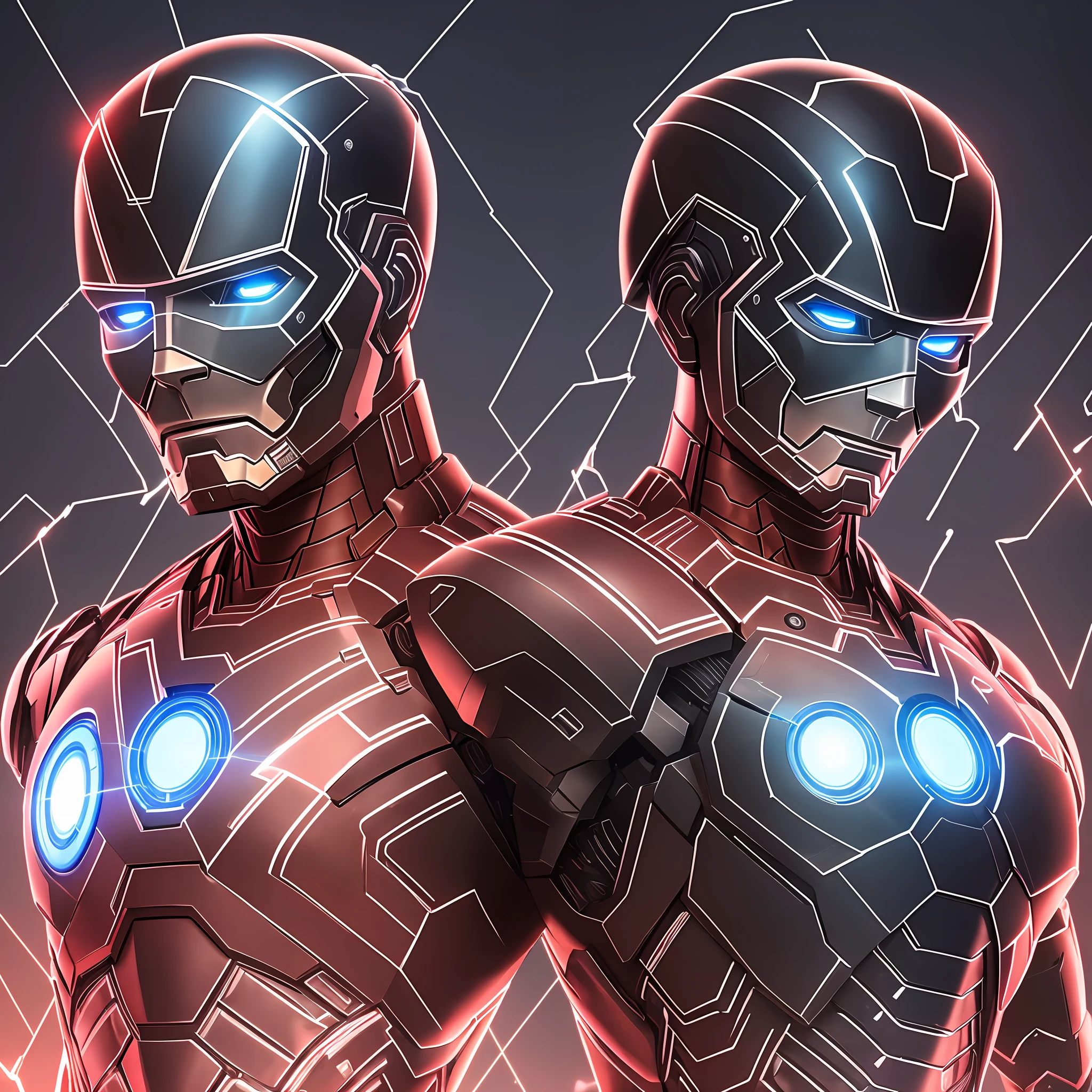Soldiers with artificial intelligence, dressed in black uniform, with circuits on the chest, similar to Iron Man with different face and blue light in the eyes --auto --s2
