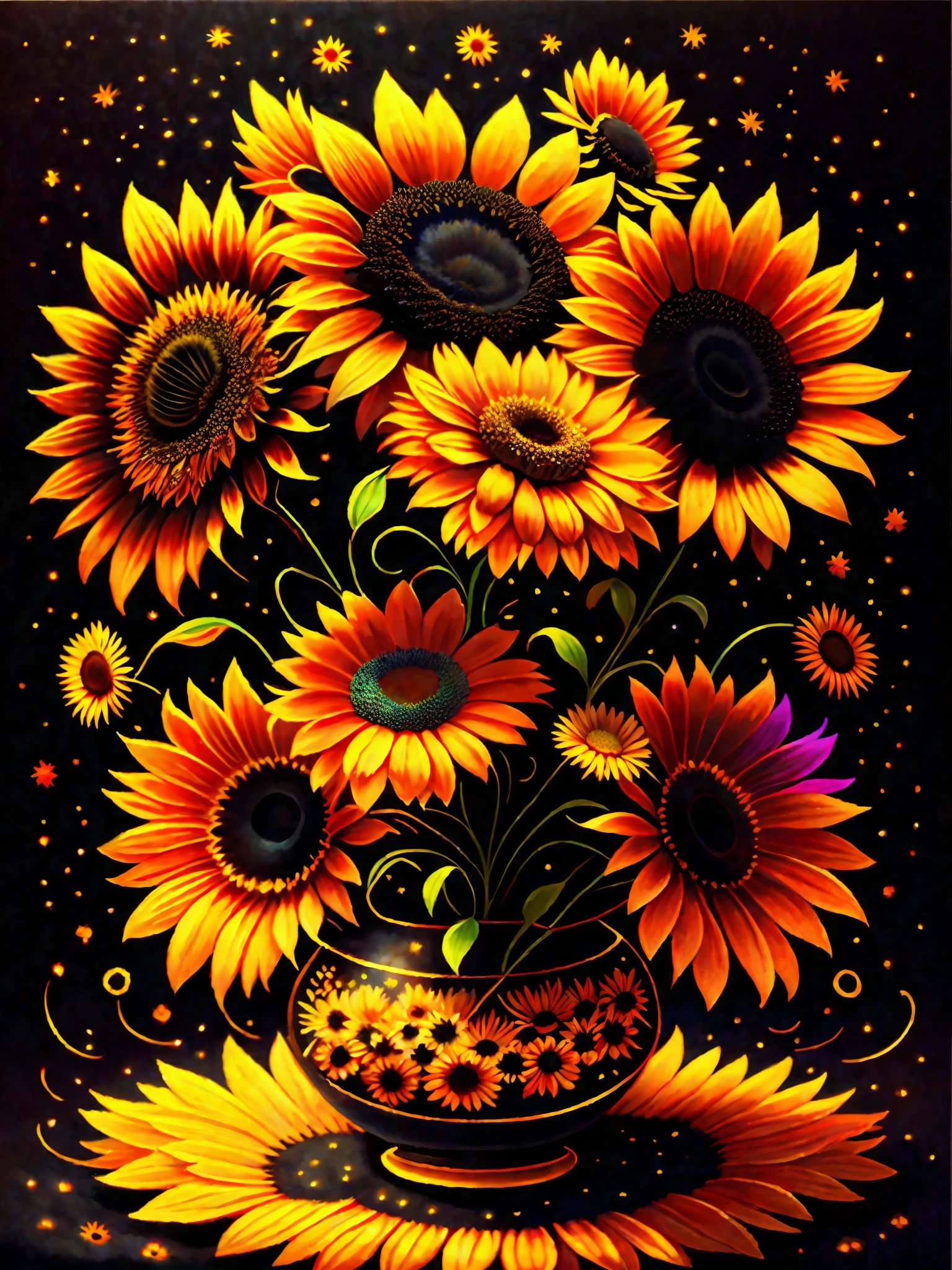 a painting of a colorful sunflowers on a black background,, breathtaking rendering, within a radiant connection, inspired by Kinuko Y. Craft,, magical elements, kitten icon, wow, is beautiful, casting a multi colorful spell, bright flash, flash