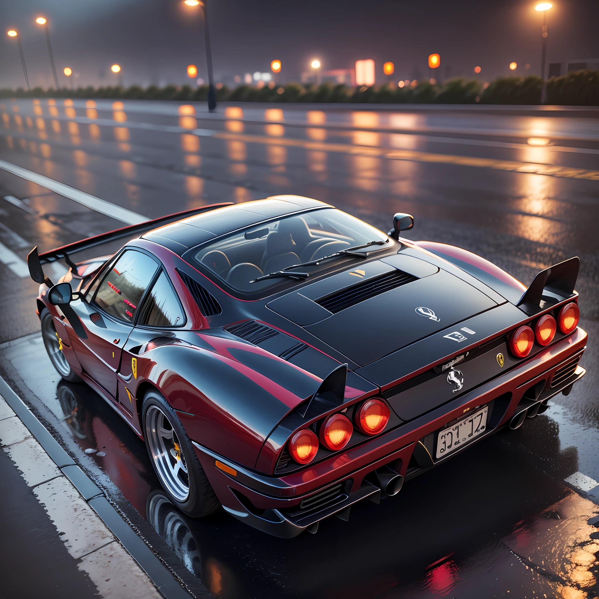 a red sports car is parked in the rain, a 3D render, inspired by Alena Aenami, photorealism, with elements of the f40, badass anime 8 k, photo-realistic low lighting, 8k octae render photo, guillem h. pongiluppi, wet streets, nostalgic 8k, photorealism 4 k, retro wave, ferrari f 4 0