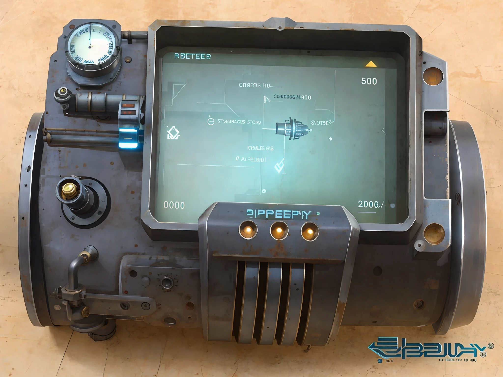 pipeboy3000, bracelet, gadget, sci fi, diagram, highly detailed, high quality, ultra realistic, 4k, 1080p, photorrealistic, futuristic, steampunk, radio, transmissor, extremely rusty and wasted, retro