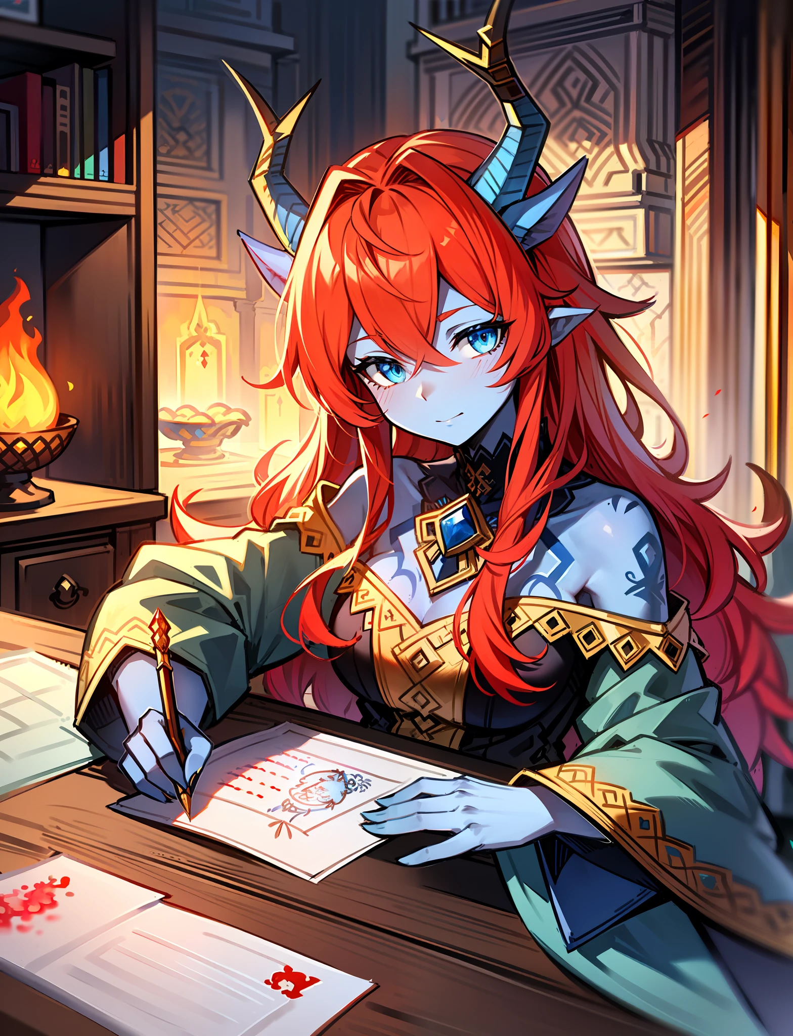 hand drawn sketch illustration of a beautiful dnd ifreet djinn girl with flaming red hair, blue eyes, symmetrical antlers horns, blue skin, illustration, watercolor ink sketch, (best quality)), intricate detailed,