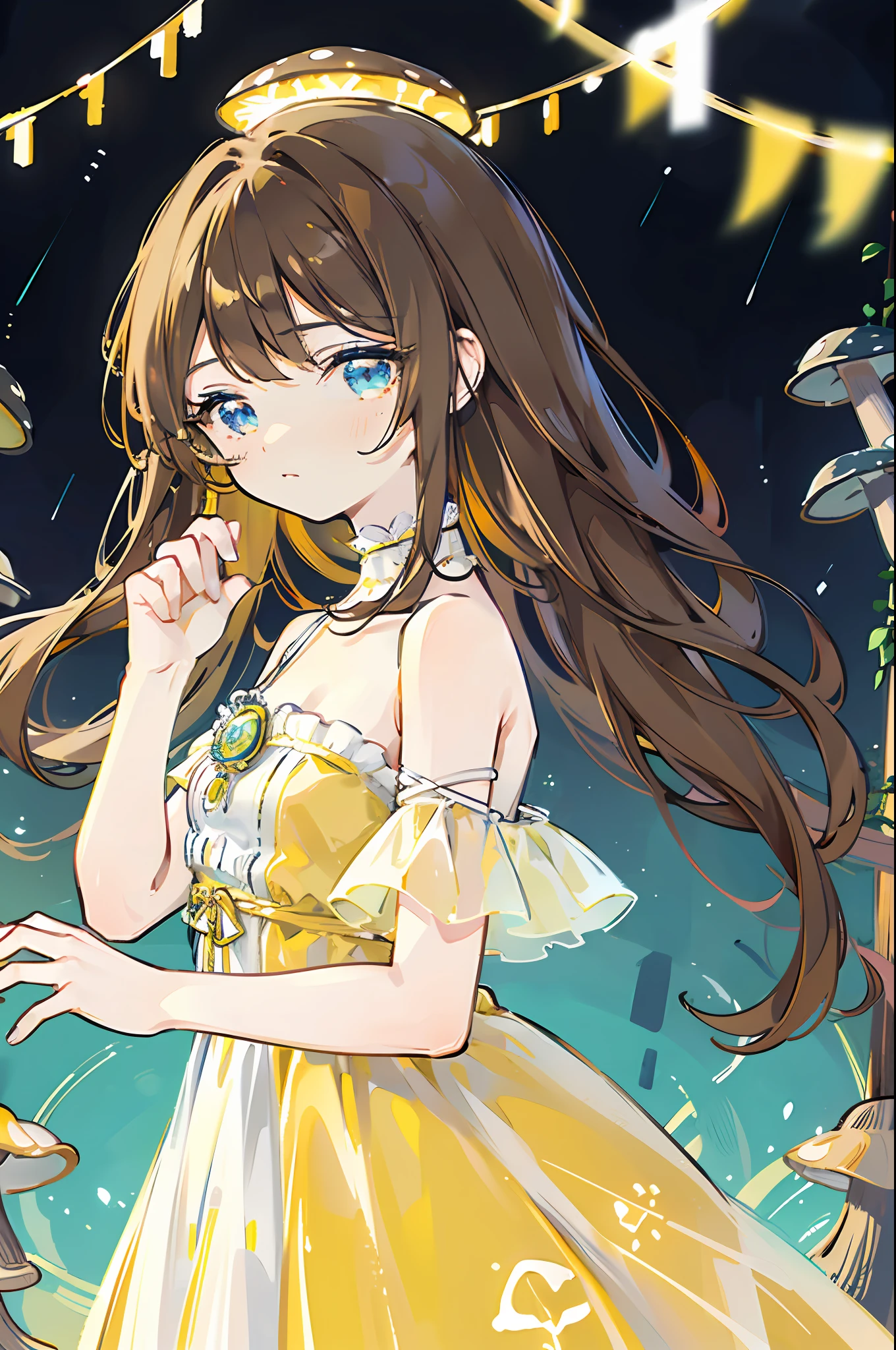 ((light yellow dress)), illustration, cinematic light, highres, highest quallity, ultra detailed, (detailed eyes), best quality, hyper detailed, masterpiece, (detailed face), with bright blue details,((tiny glowing mushroom forest)), mushroom theme accesories, ((light brown hair)), cute, wears transparent cloth accesories, floating, see through details, choker, blue eyes, neon glowing hair ends, pastel fantastical forest from fairytales, light reflection, stars shaped iris, star shaped (glow lights), open shoulder, rain, , hair jewery