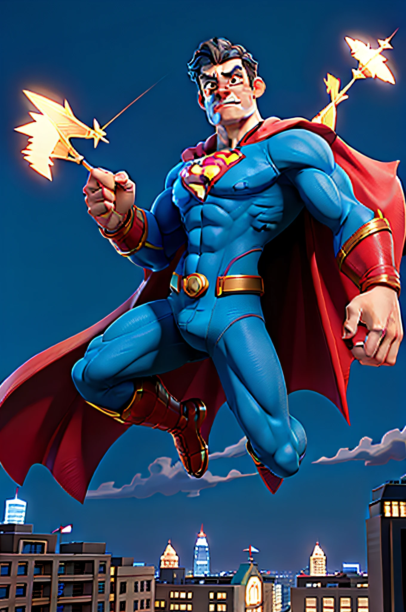 Masterpiece, of the best quality, Superman flies over the city