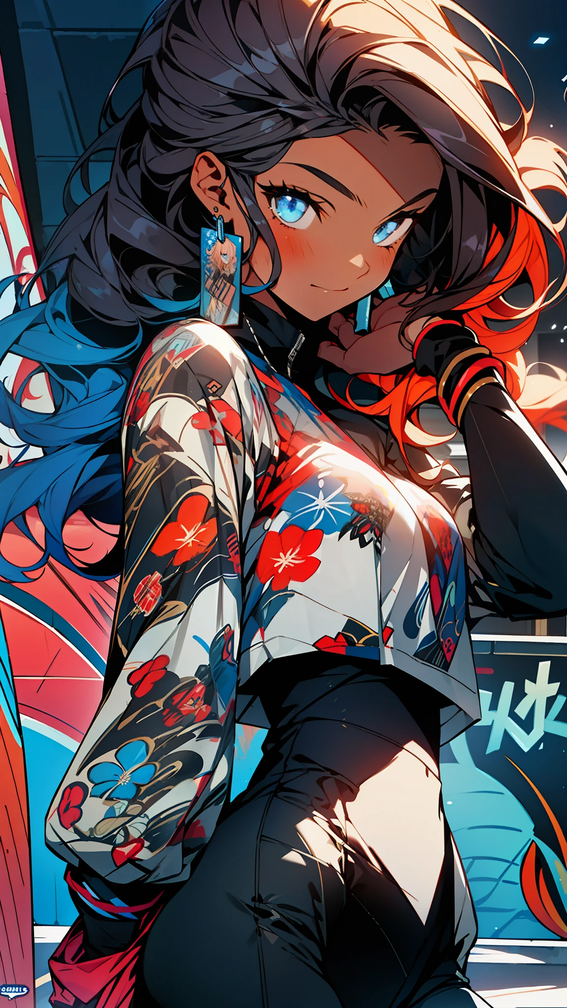 1girl, excellent lighting, sidelighting, (curvy: 1.2), vhsKeeper, 1girl, solo, style GUILTY GEAR -STRIVE perfect(flat color: 1.3), (magazine_cover: 1.4), (multicolored_background: 1.3), striped_background, card_background, mixed-language_text, :: comix style by joe madureira :: , perfect and detailed, ultra detailed shirt with abstract design, with Japanese letters print in graffit of the sides of the dress, image of woman fighting with alien creature full of tentacles , with immersive effects, hover effect, background graffiti style tribal tattoo with vibrant colors "ultra hdr" detailed and with focus effect, (masterpiece: 1.2, best quality), (beautiful eyes finely detailed: 1.2), ((Beautiful Woman )),curly and full hair, in red color, with a natural glow ((Solo)), (Blue eyes:1.4), (Finely detailed eyes and detailed face with long eyelashes:1.3), Beautiful woman with ultra detailed long hair and in various full-body attack poses, (cute and clear background: 1.2),futuristic costume, super detailed circular metals Clinging to arms and pants, fantastic paintings