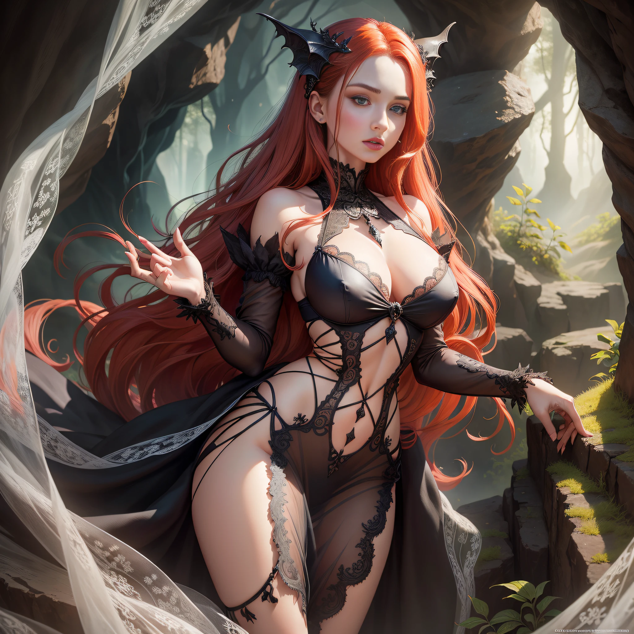 highly detailed, 16th century 20 year old succubus, wearing transparent lace dress with cobweb design, busty, red hair, standing in a cave filled with wolves, centered on the face, face focused, intricate eyes, lana del rey face