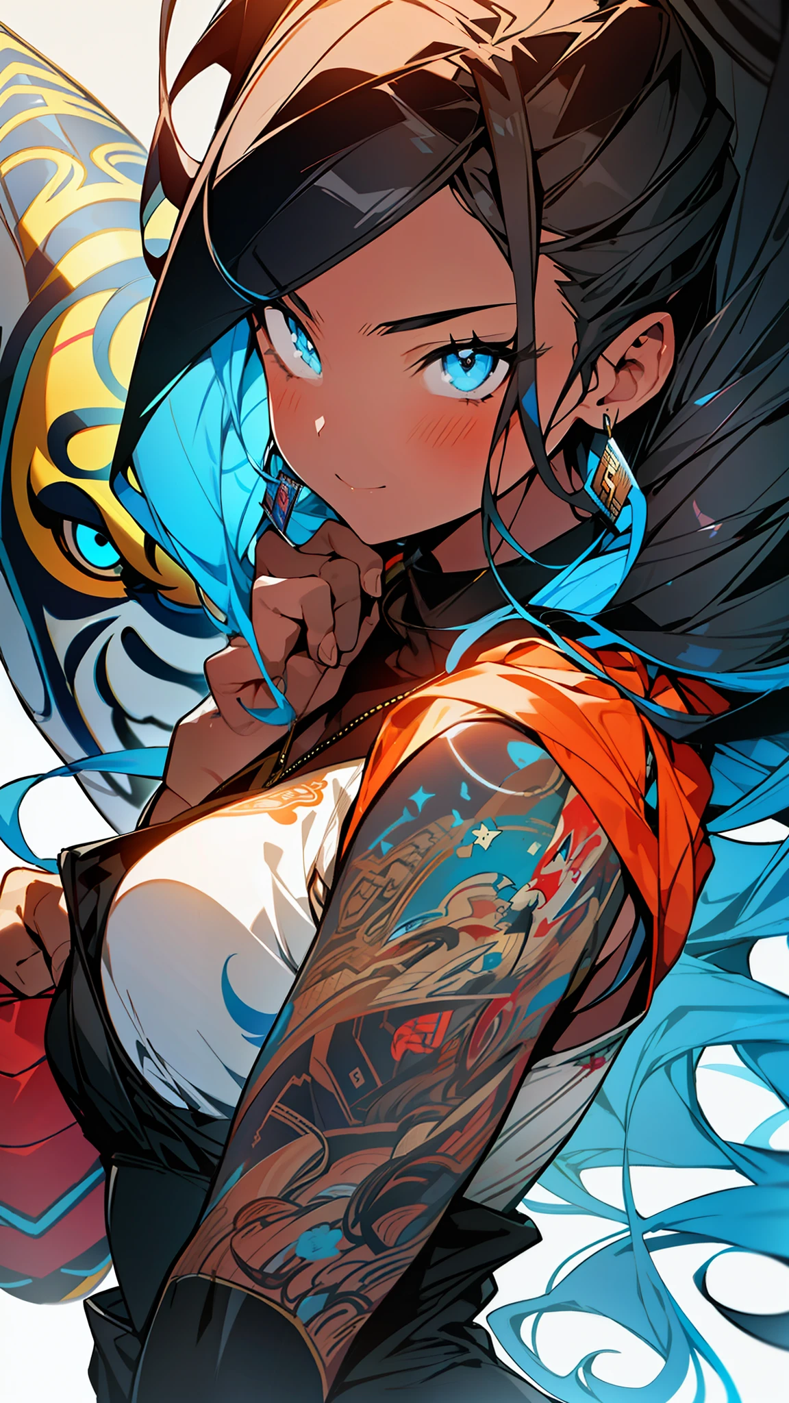 1girl, excellent lighting, sidelighting, (curvy: 1.2), vhsKeeper, 1girl, solo, style GUILTY GEAR -STRIVE perfect(flat color: 1.3), (magazine_cover: 1.4), (multicolored_background: 1.3), striped_background, card_background, mixed-language_text, :: comix style by joe madureira :: , perfect and detailed, ultra detailed shirt with abstract design, with Japanese letters print in graffit of the sides of the dress, image of woman fighting with alien creature full of tentacles , with immersive effects, hover effect, background graffiti style tribal tattoo with vibrant colors "ultra hdr" detailed and with focus effect, (masterpiece: 1.2, best quality), (beautiful eyes finely detailed: 1.2), ((Beautiful Woman )),curly and full hair, in red color, with a natural glow ((Solo)), (Blue eyes:1.4), (Finely detailed eyes and detailed face with long eyelashes:1.3), Beautiful woman with ultra detailed long hair and in various full-body attack poses, (cute and clear background: 1.2),futuristic costume, super detailed circular metals Clinging to arms and pants, fantastic paintings