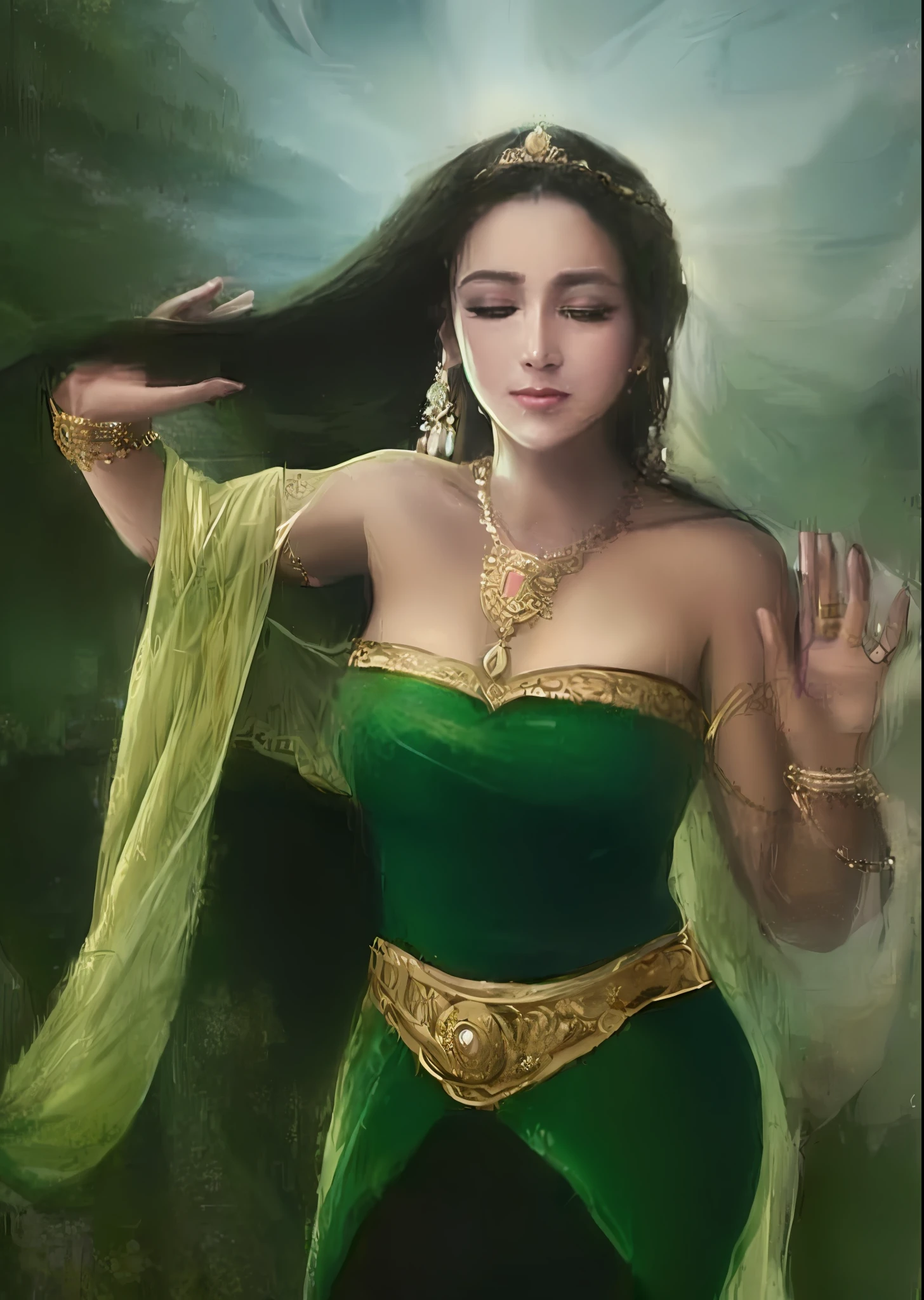 painting of a woman in a green dress with a gold necklace, portrait of a beautiful goddess, ancient libu princess, portrait of modern darna, a stunning portrait of a goddess, goddess of love and peace, beautiful goddess, earth goddess mythology, painting of beautiful, portrait of celtic goddess diana, goddess of nature, fantasy woman, goddess of beauty, goddess art