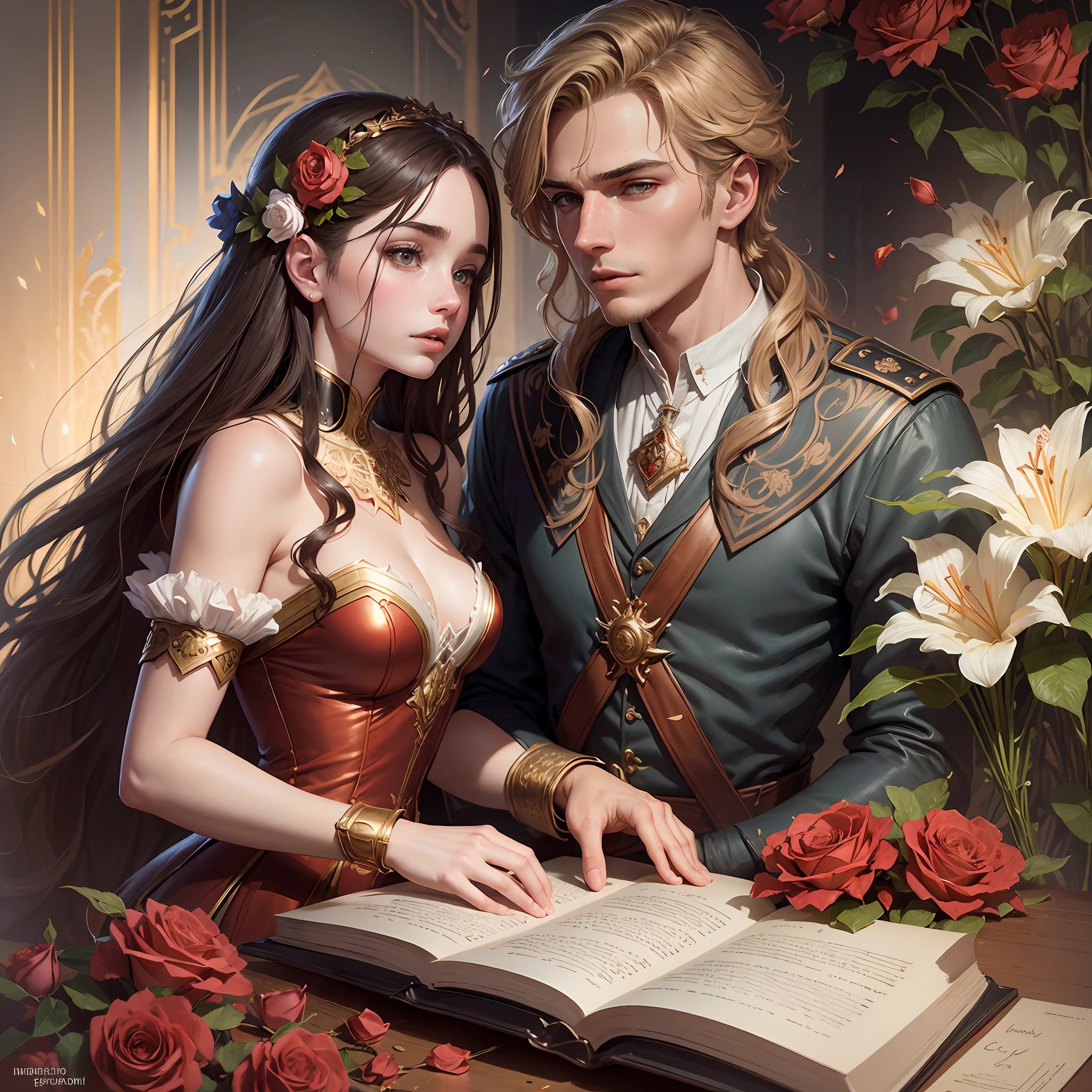 Couple kisses with great affection, Neels Visser is a prince who has golden blonde hair, wears a medieval military outfit and is in love with the commoner Lily Collins, who has curly brown black hair and wears a red dress, illustration of a romance book cover with a detailed, smooth, bright background full of ivy-covered flowers and red roses, ornate dress standing on a bed of roses, rim light, dynamic lighting, ethereal lighting, ultra detail, concept art, elegant, surreal, art by Lisa Aisato, Greg Hildebrandt, Citemer Liu, Stjepan Sejic, Samyang, Aykut Aydogdu, Justin Gerard, Alphonse Mucha, Artgerm, WLOP and Greg Rutkowski --auto --s2