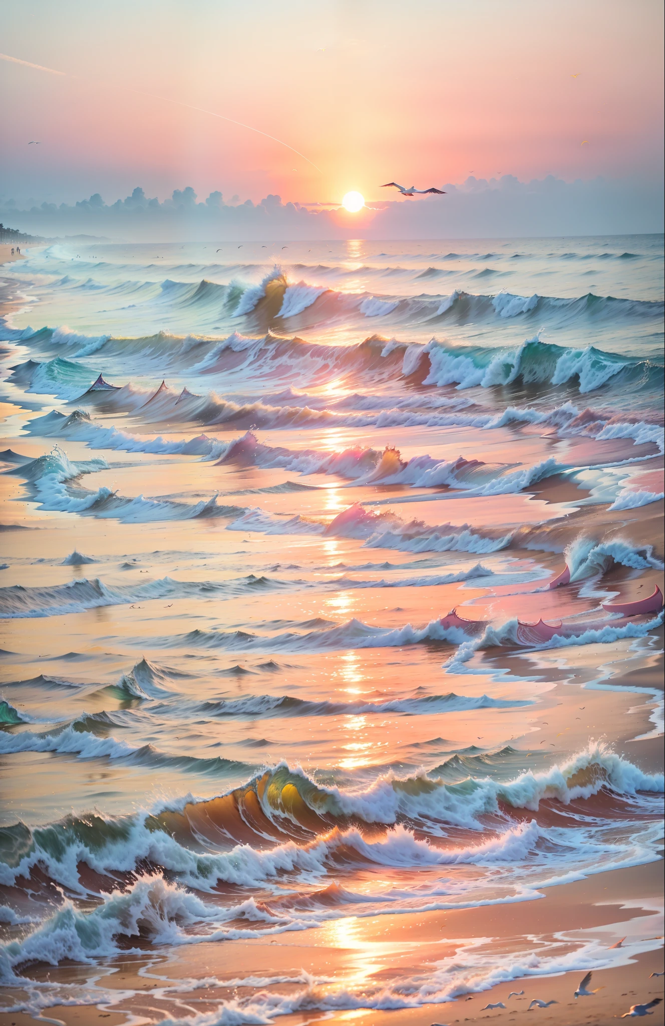 An absolutely mesmerizing sunset on the beach, with a mix of orange, pink, and yellow in the sky. The water is crystal clear, gently kisses the coast, and the white sand is endless. The scene is dynamic and breathtaking, with seagulls soaring high in the sky and palm trees swaying softly. Immerse yourself in the calm atmosphere and let the serenity surround you.