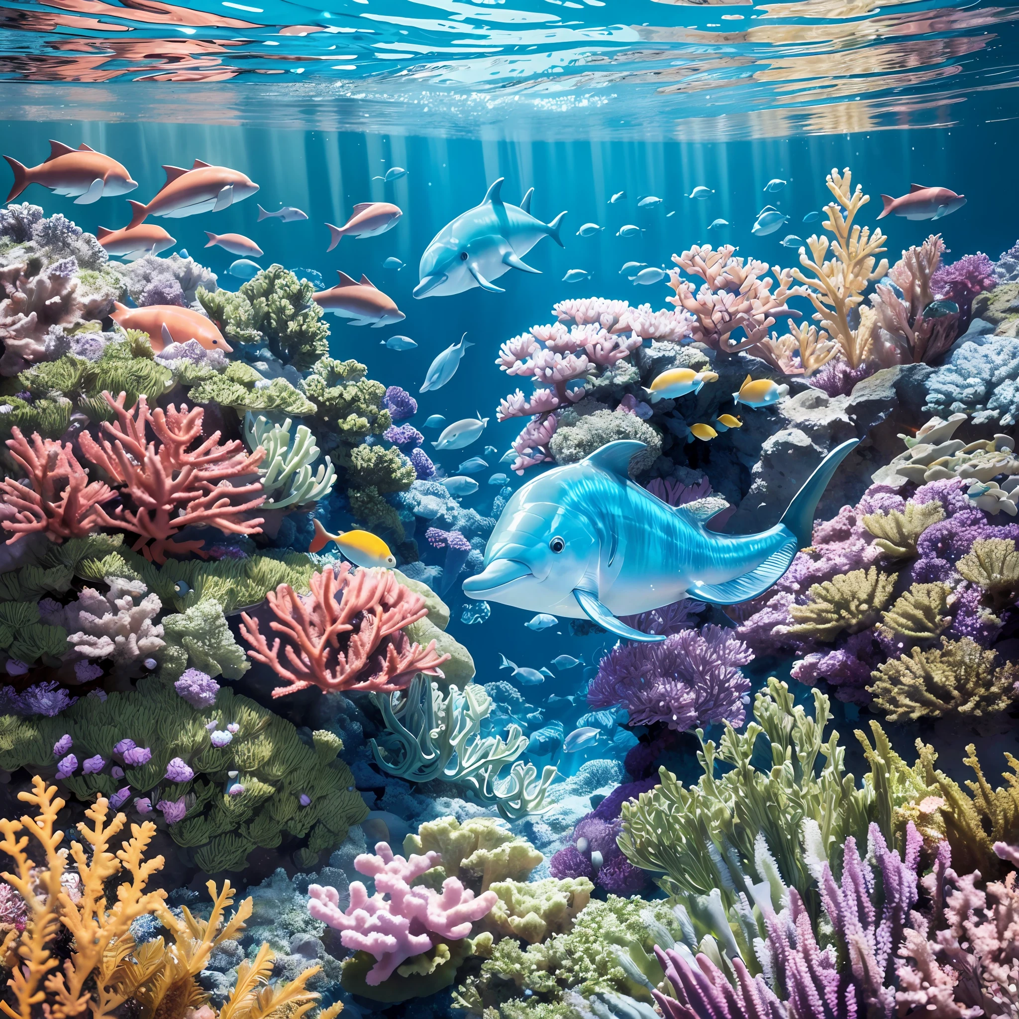 (Masterpiece, Best Quality: 1.3), High Resolution, (8K Resolution), (Ultra Detail: 1.1), Overall Bright Vivid Madgod, Stop Motion Animation, Deep Sea, Light and Shadow Like Top to Bottom, Deep Underwater Landscape, Dolphins, Coral, Many Small Rain Fish, Realistic, Glow: 0.3, (Detail: 1.2), Volumetric Light, (Extremely Detailed), Bubbles, HD Mobile Wallpaper