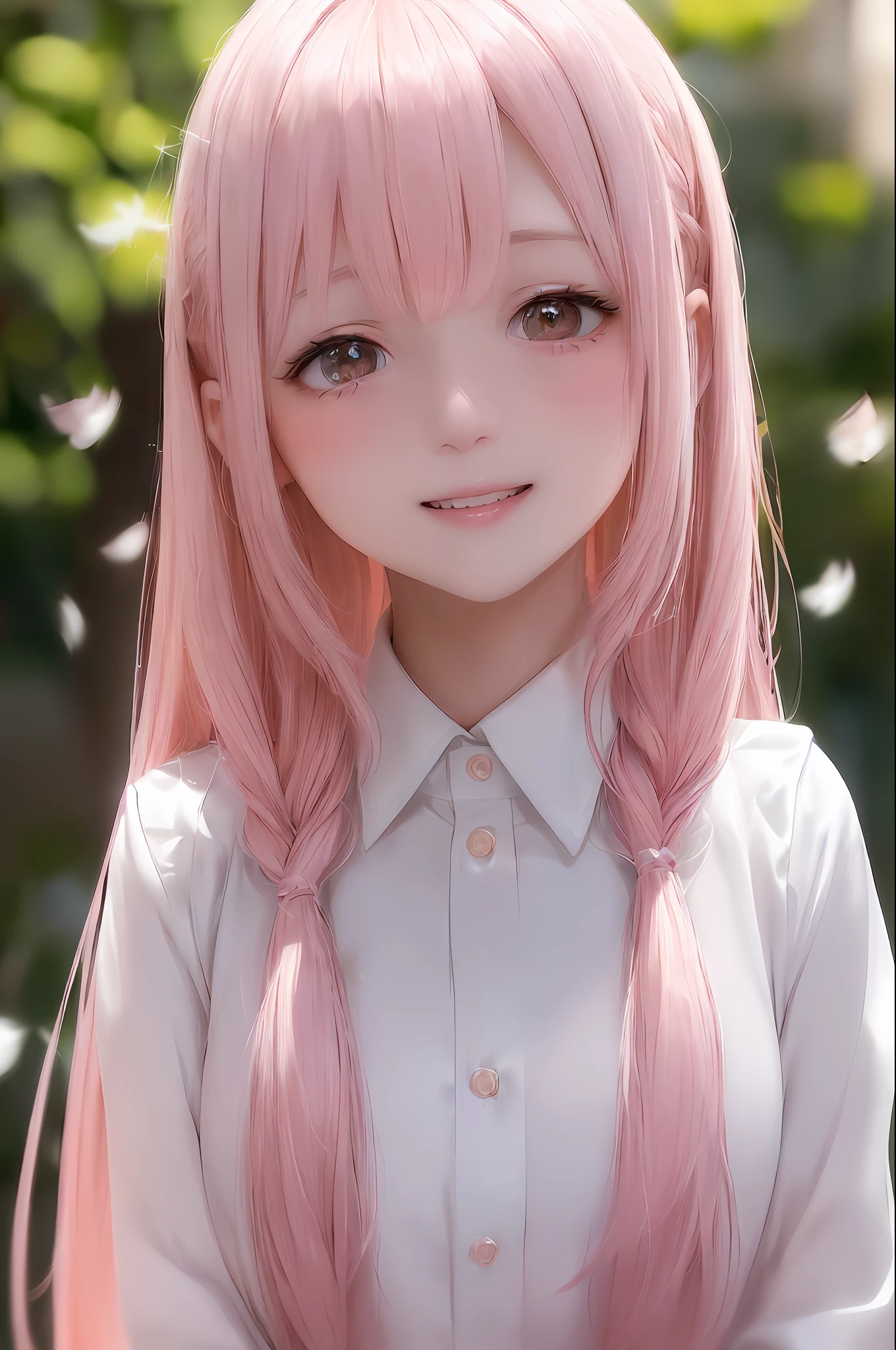 (very delicate and beautiful), ((female person)) (background is bokashi))(background is light bokashi)(very delicate and beautiful), (collared shirt) (beige clothes), (pink hair) (upper body) (soft expression), (dynamic angle, portrait), (fluffy hair), (shy laugh), (blush) beautiful face, white skin, depth of field, glowing lips, bright colors, ( Glitter) (hands on face) (female)