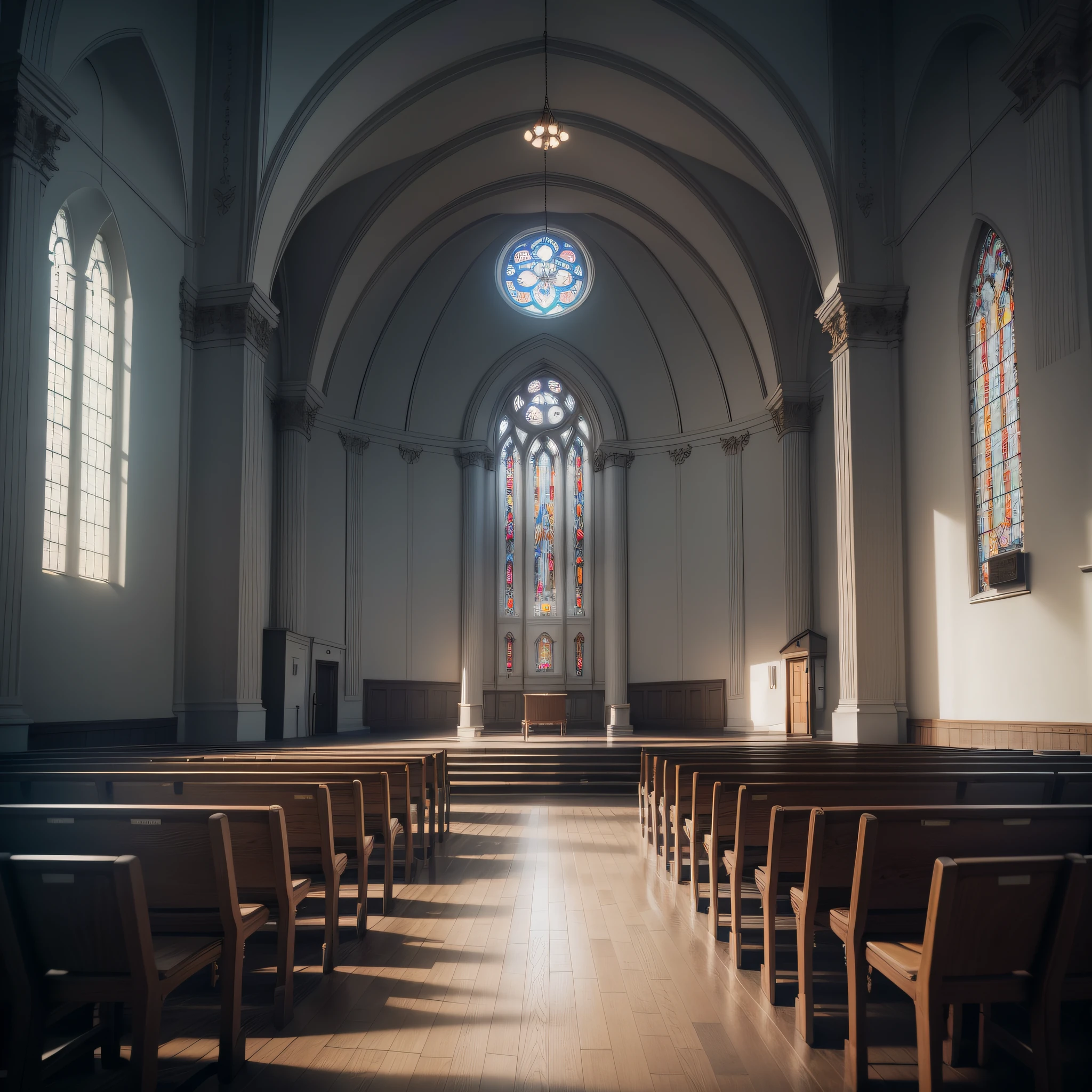 an empty Adventist church, view inside, well lit, stock photo, by Emma Andijewska, by Jakob Gauermann, church, high quality photo, medium portrait, photo taken, set photo, high resolution photo, religion, very expressive, realistic anime, drawn, 4k