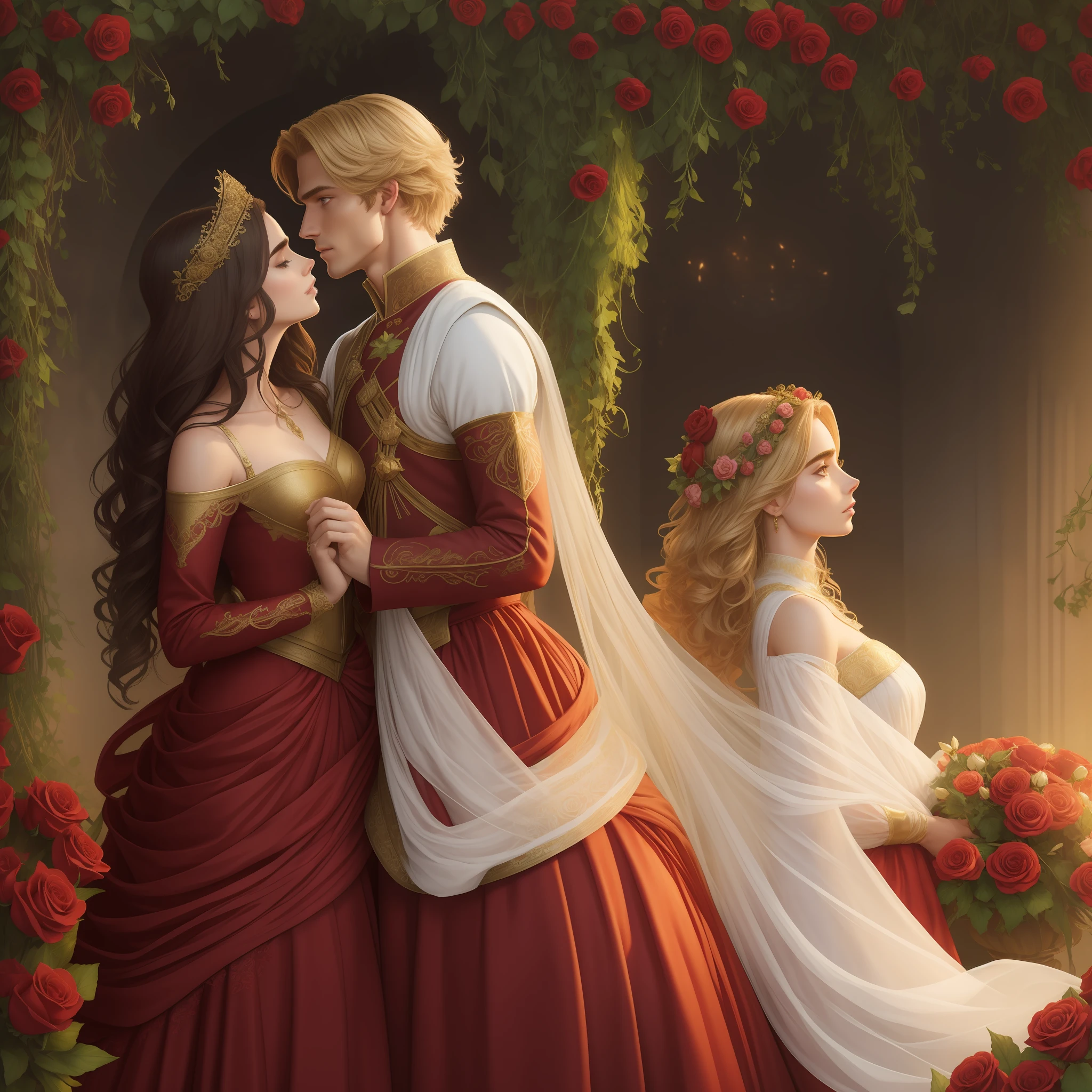 Couple kisses with great affection, Neels Visser is a prince who has golden blonde hair, wears a medieval military outfit and is in love with the commoner Lily Collins, who has curly brown black hair and wears a red dress, illustration of a romance book cover with a detailed, smooth, bright background full of ivy-covered flowers and red roses,  ornate dress standing on a bed of roses, rim light, dynamic lighting, ethereal lighting, ultra detail, concept art, elegant, surreal, art by Lisa Aisato, Greg Hildebrandt, Citemer Liu, Stjepan Sejic, Samyang, Aykut Aydogdu, Justin Gerard, Alphonse Mucha, Artgerm, WLOP and Greg Rutkowski