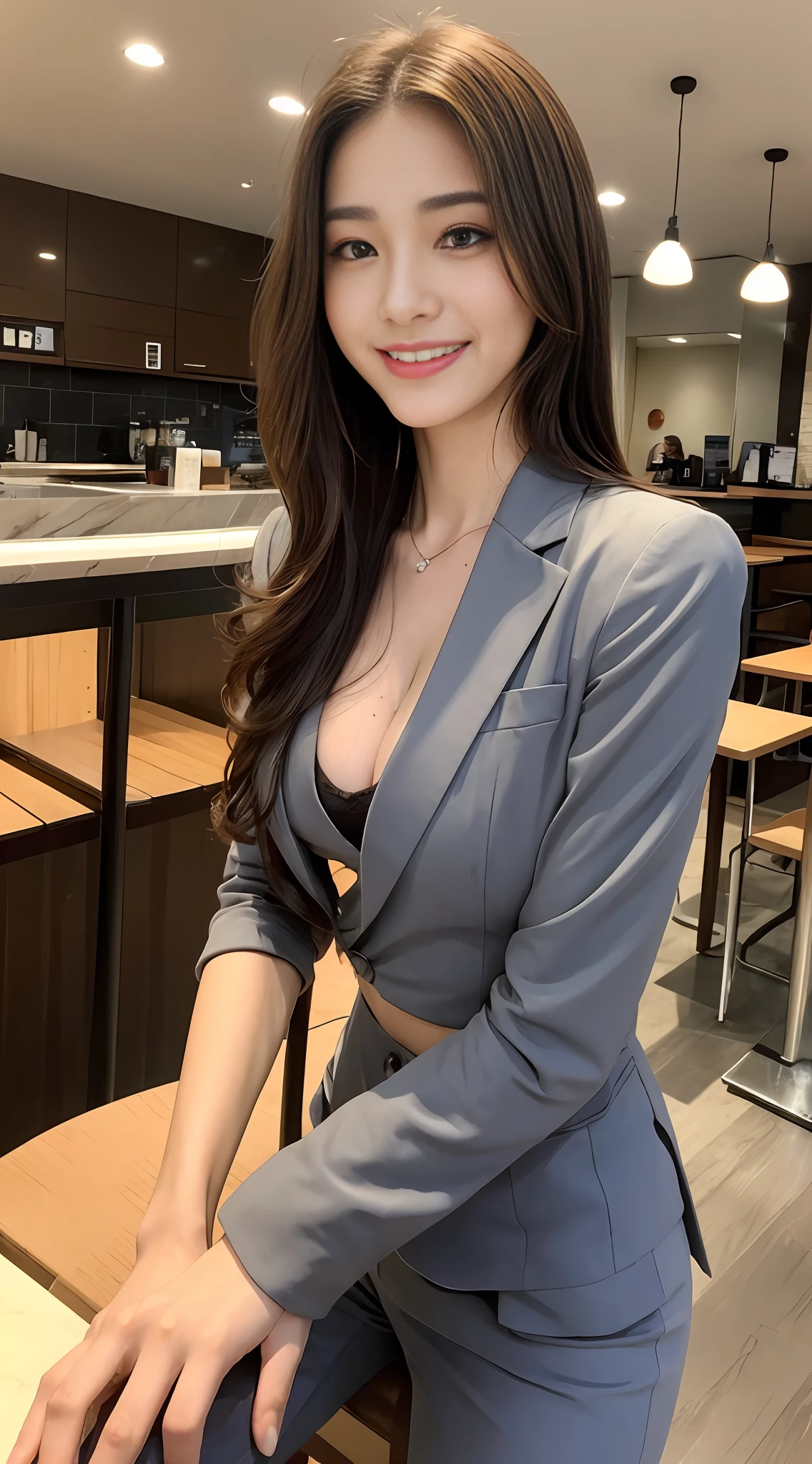 ((Realistic Lighting, Top Quality, 8K, Masterpiece: 1.3)), Clear Focus: 1.2, 1 Girl, Perfect Body Beauty: 1.4, Slim Abs: 1.1, Cowboy Pose, (Indoor, Daytime: 1.1), Sitting in a Cafe, Ultra Fine Face, Fine Eyes, Double Eyelids, Curly, Fair-skinned, Suit, Cleavage, Smile, Have Coffee,