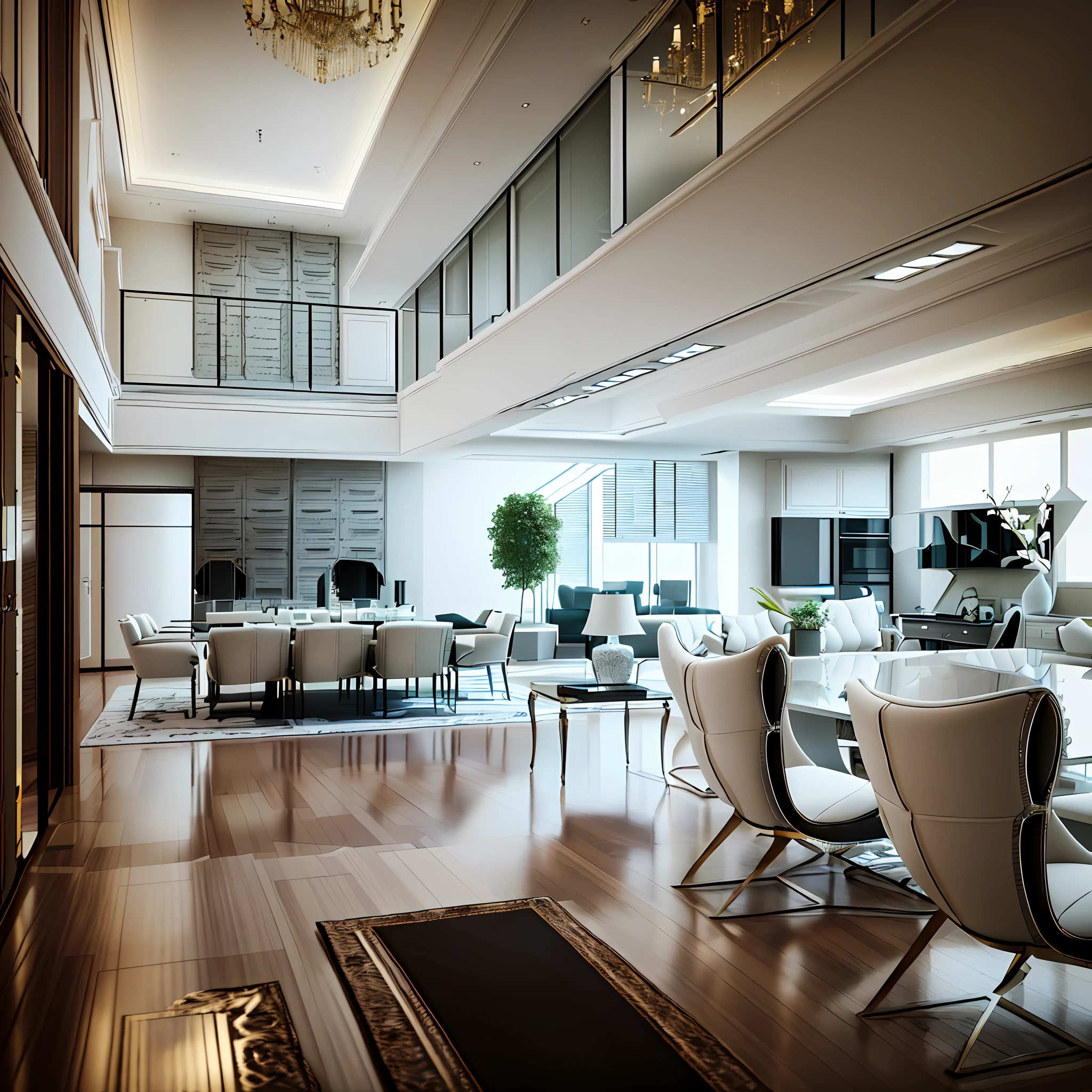 there are two chairs in the middle of a large room, modern interior design, house interior, modern design, interior architecture view, luxury condo interior, modern style, home interior, precise architectural rendering, fancy apartment, luxurious environment, high end interior, stuning 3 d render, architectural 3 d render, contemporary design, stunning 3d render, stunning 3 d render