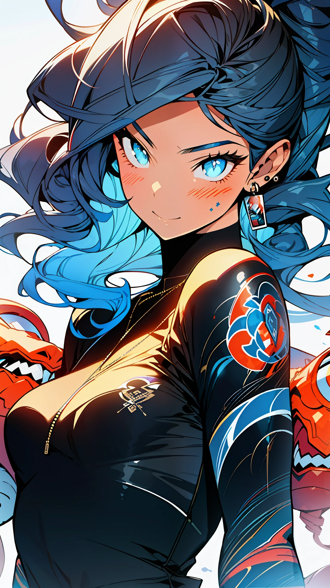 1girl, excellent lighting, sidelighting, (curvy: 1.2), vhsKeeper, 1girl, solo, style GUILTY GEAR -STRIVE perfect(flat color: 1.3), (magazine_cover: 1.4), (multicolored_background: 1.3), striped_background, card_background, mixed-language_text, :: comix style by joe madureira :: , perfect and detailed, ultra detailed shirt with abstract design, with Japanese letters print in graffit of the sides of the dress, image of woman fighting with alien creature full of tentacles , with immersive effects, hover effect, background graffiti style tribal tattoo with vibrant colors "ultra hdr" detailed and with focus effect, (masterpiece: 1.2, best quality), (beautiful eyes finely detailed: 1.2), ((Beautiful Woman )),curly and full hair, in red color, with a natural glow ((Solo)), (Blue eyes:1.4), (Finely detailed eyes and detailed face with long eyelashes:1.3), Beautiful woman with ultra detailed long hair and in various full-body attack poses, (cute and clear background: 1.2),futuristic costume, super detailed circular metals Clinging to arms and pants, fantastic paintings