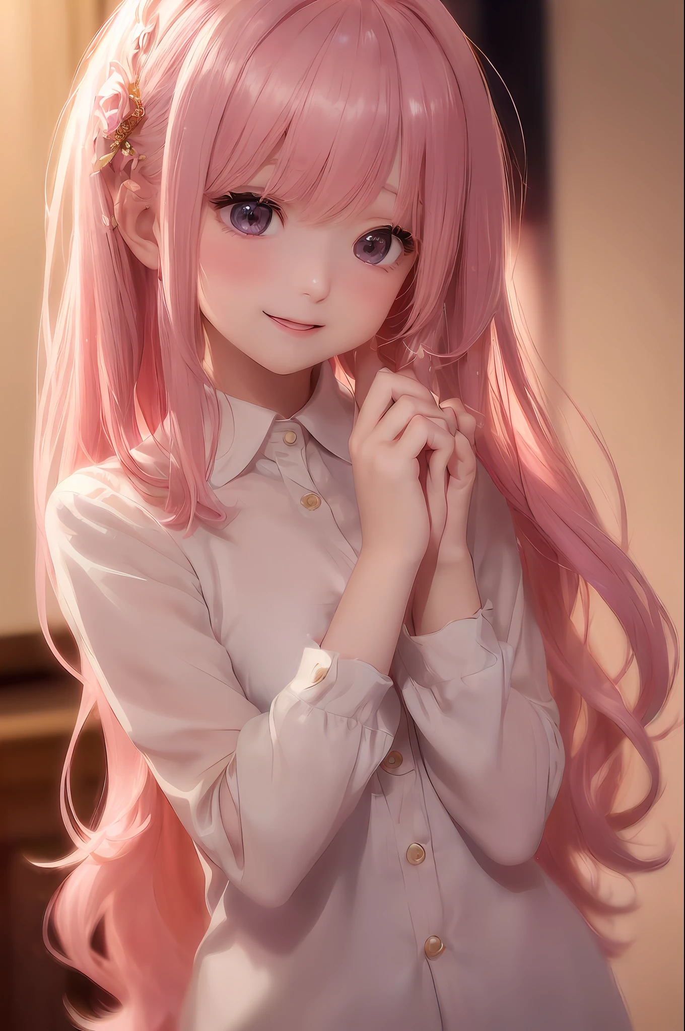 (very delicate and beautiful), ((female person)) (background is bokashi))(background is light bokashi)(very delicate and beautiful), (collared shirt) (beige clothes), (pink hair) (upper body) (soft expression), (dynamic angle, portrait), (fluffy hair), (shy laugh), (blush) beautiful face, white skin, depth of field, glowing lips, bright colors, ( Glitter) (hands on face) (female)