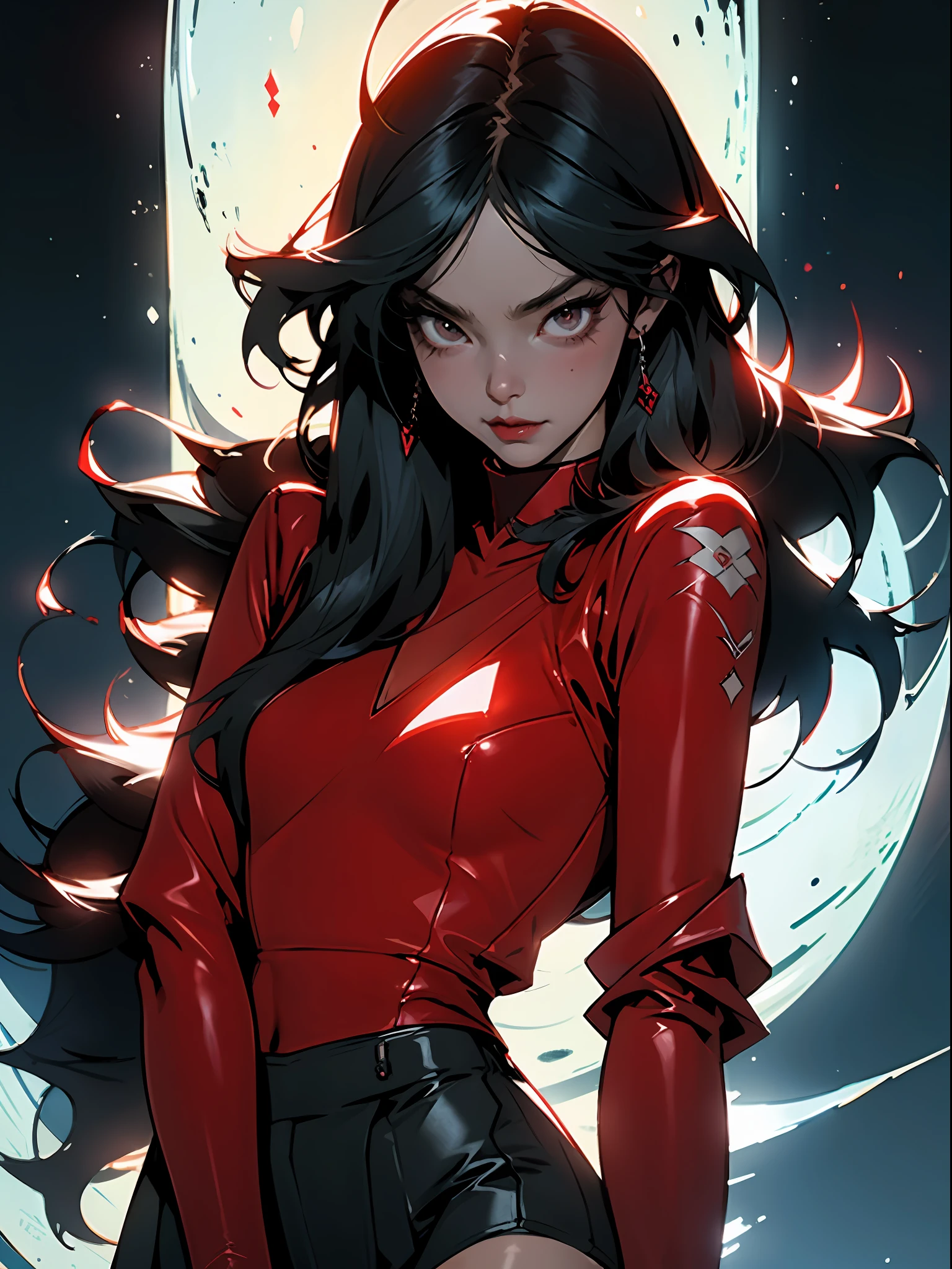 ((whole body)), ((Best quality)), ((masterpiece)), (detailed: 1.4), (Absurd), hot vampire 21 year old girl with shiny skin, perfect and defined body, thick bare thighs, only in panties, ((wearing a black leather jacket dropped showing the shoulders)), ((neckline open to the navel showing part of the breasts)), generous neckline, ((perfect large breasts)), (well outlined eyes red pupils), ((long and very black eyelashes)), (((red clothing))), (((Ryuko Matoi style hair)))), (Tattoo of a dragon taking the whole arm and part of the shoulder and neck), red micro skirt, short underwear, garter belt, by mucha, niji --V5, close to real, psychopath, crazy face, sexy pose, 2 piece clothes, pastel, centered, scale to fit the dimensions, background of a narrow street at night, HDR (High Dynamic Range),Ray Tracing,NVIDIA RTX,Super-Resolution,Unreal 5,Subsurface Dispersion, PBR Texture, Post-processing, Anisotropic filtering, Depth of field, Maximum clarity and sharpness, Multilayer textures, Albedo and specular maps, Surface shading, Accurate simulation of light-material interaction, Perfect proportions, Octane Render, Two-tone lighting, Wide aperture, Low ISO, White balance, Rule of thirds, 8K RAW