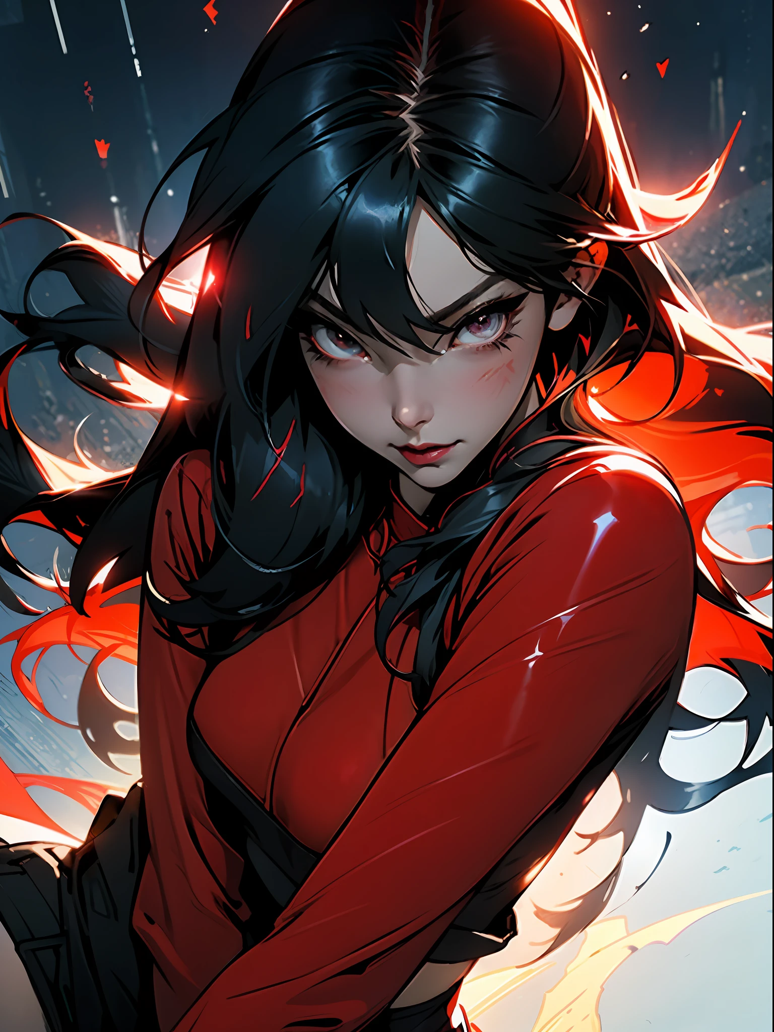 ((whole body)), ((Best quality)), ((masterpiece)), (detailed: 1.4), (Absurd), hot vampire 21 year old girl with shiny skin, perfect and defined body, thick bare thighs, only in panties, ((wearing a black leather jacket dropped showing the shoulders)), ((neckline open to the navel showing part of the breasts)), generous neckline, ((perfect large breasts)), (well outlined eyes red pupils), ((long and very black eyelashes)), (((red clothing))), (((Ryuko Matoi style hair)))), (Tattoo of a dragon taking the whole arm and part of the shoulder and neck), red micro skirt, short underwear, garter belt, by mucha, niji --V5, close to real, psychopath, crazy face, sexy pose, 2 piece clothes, pastel, centered, scale to fit the dimensions, background of a narrow street at night, HDR (High Dynamic Range),Ray Tracing,NVIDIA RTX,Super-Resolution,Unreal 5,Subsurface Dispersion, PBR Texture, Post-processing, Anisotropic filtering, Depth of field, Maximum clarity and sharpness, Multilayer textures, Albedo and specular maps, Surface shading, Accurate simulation of light-material interaction, Perfect proportions, Octane Render, Two-tone lighting, Wide aperture, Low ISO, White balance, Rule of thirds, 8K RAW