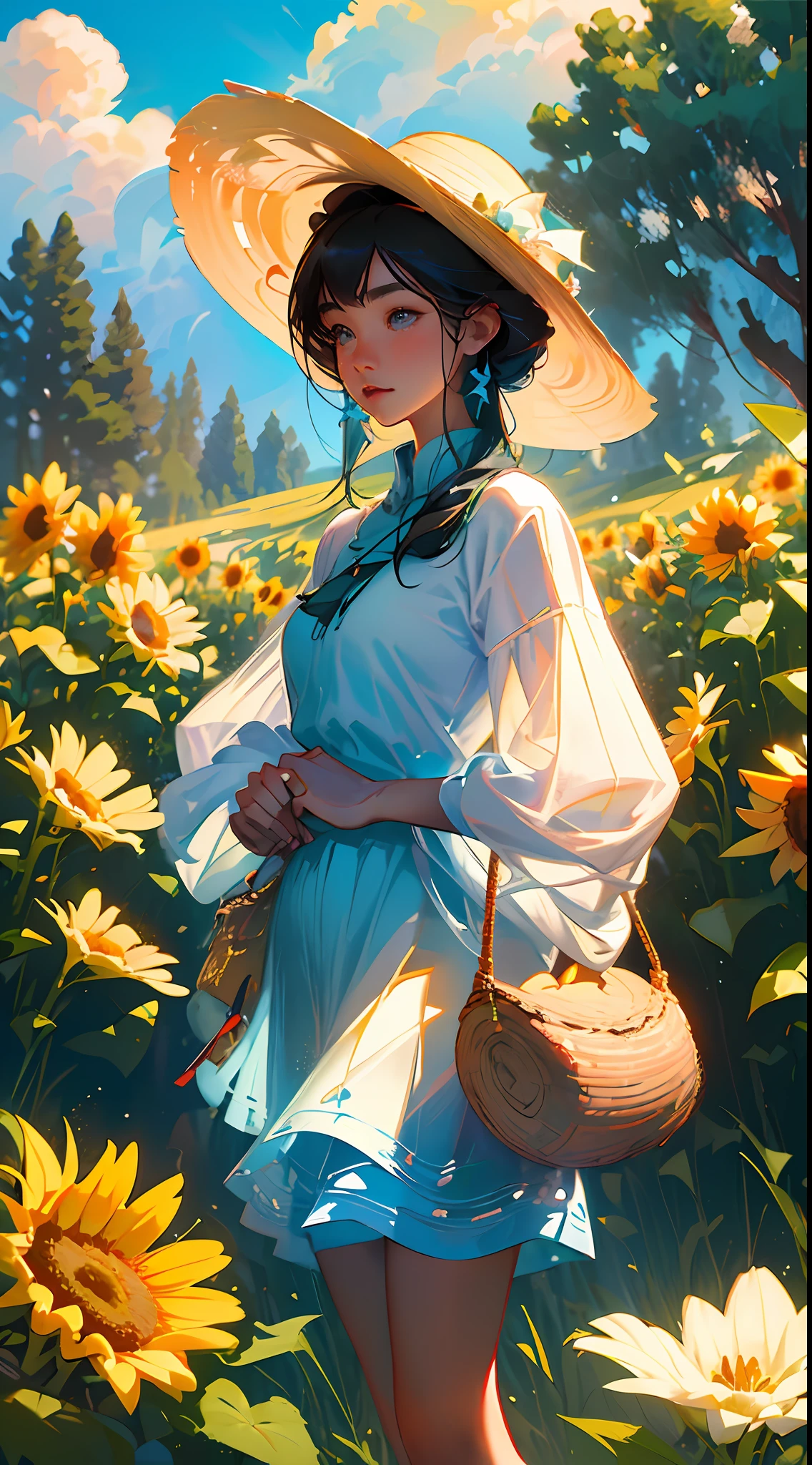 A peasant uncle with a straw hat stands in a sunflower field, big clouds, blue sky, sunflower field, forest, hillside, secluded, countryside, HD detail, hyperdetail, cinematic, surrealism, soft light, deep field focus bokeh, ray tracing and surrealism. --v6