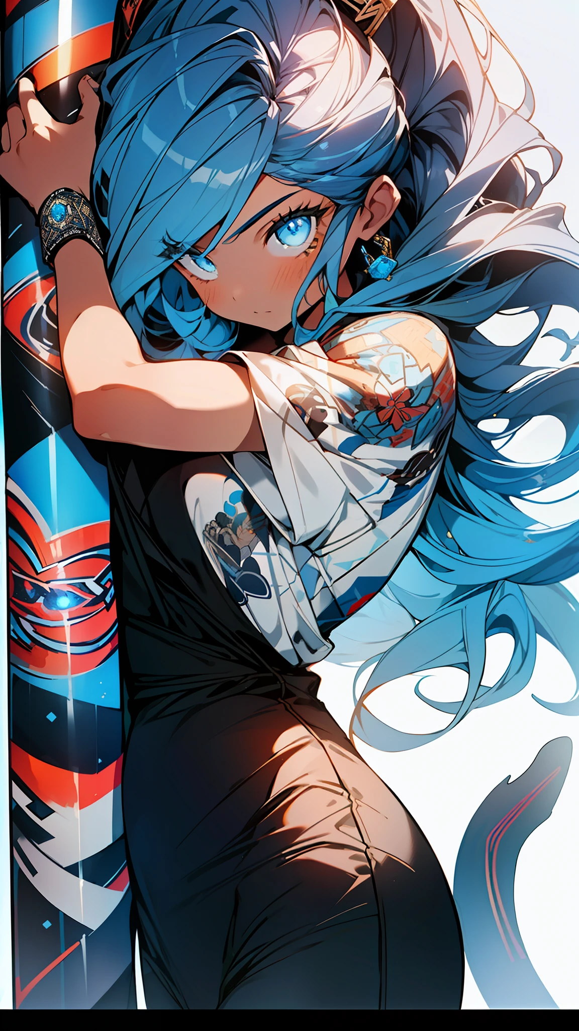1girl, excellent lighting, sidelighting, (curvy: 1.2), vhsKeeper, 1boy, style GUILTY GEAR -STRIVE perfect(flat color: 1.3), (magazine_cover: 1.4), (multicolored_background: 1.3), striped_background, card_background, mixed-language_text, :: comix style by joe madureira :: , perfect and detailed, ultra detailed shirt with abstract design, with Japanese letters print in graffit of the sides of the dress, image of woman fighting with alien creature full of tentacles , with immersive effects, hover effect, background graffiti style tribal tattoo with vibrant colors "ultra hdr" detailed and with focus effect, (masterpiece: 1.2, best quality), (beautiful eyes finely detailed: 1.2), , ((Solo)), (Blue eyes:1.4), (Finely detailed eyes and detailed face with long eyelashes:1.3), in various full-body attack poses, (beautiful and clear background: 1.2),futuristic costume, super detailed circular metals Clinging to the arms and pants, fantastic paintings
